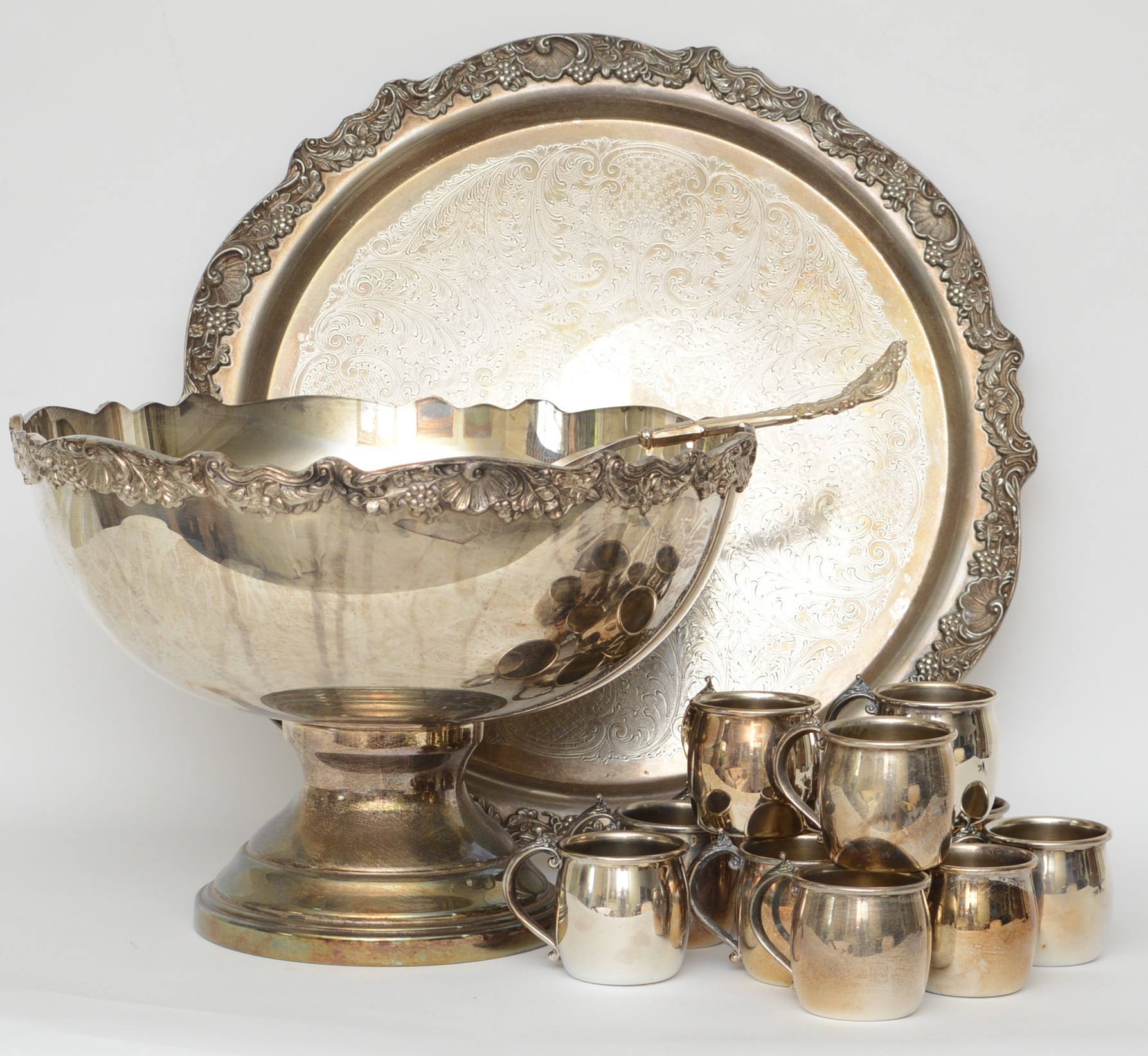 F. B. Rogers Silver-Plated Punch Bowl with Tray and Twelve Cups