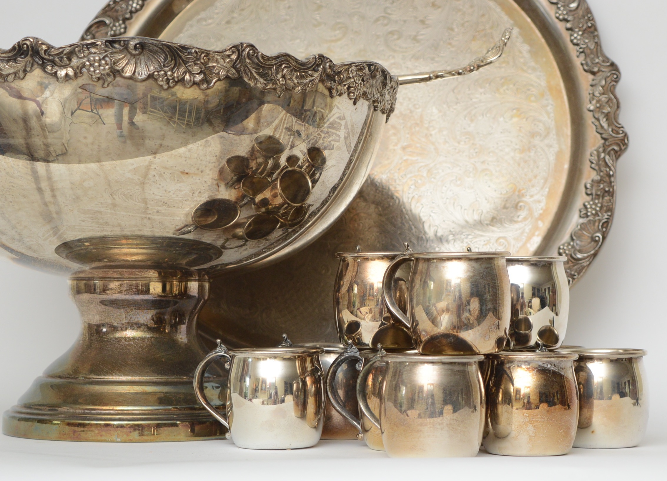 F. B. Rogers Silver-Plated Punch Bowl with Tray and Twelve Cups