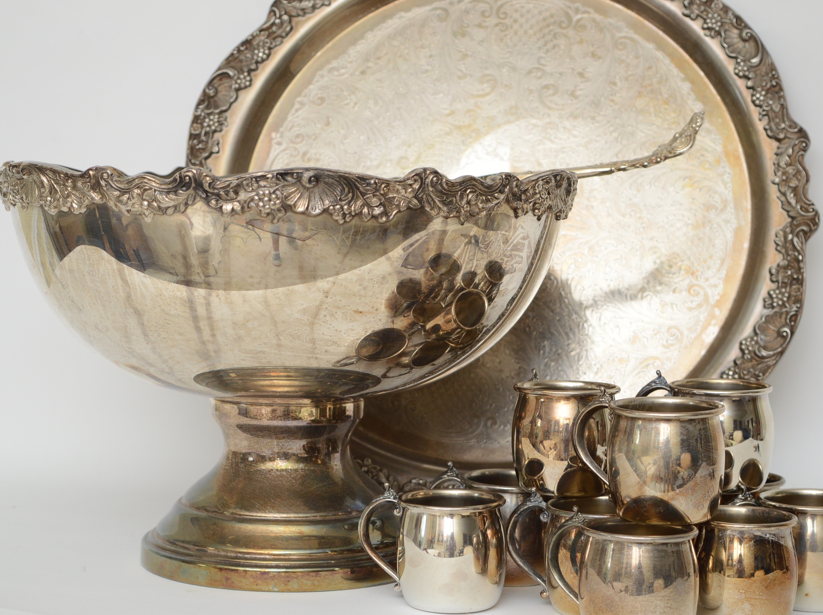 F. B. Rogers Silver-Plated Punch Bowl with Tray and Twelve Cups