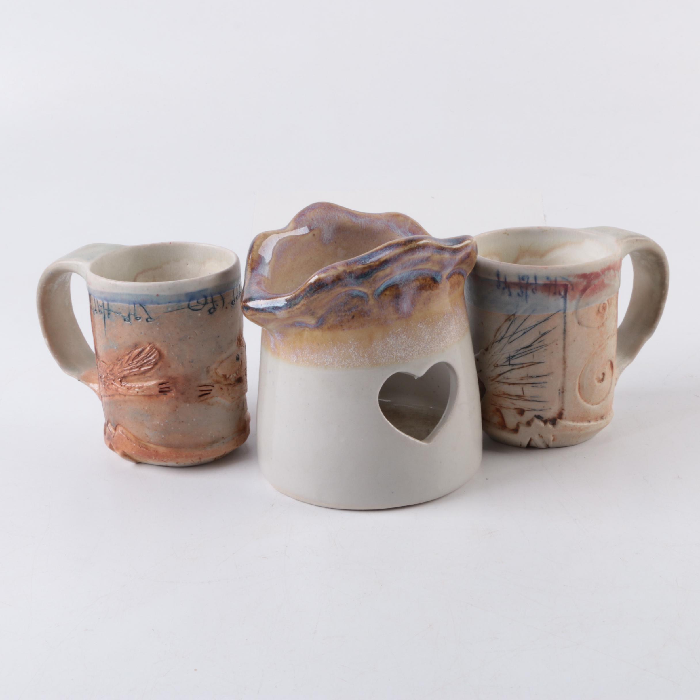 Hand Thrown Stoneware Candle Holder and Mugs