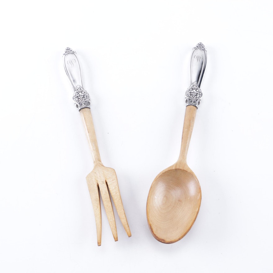 Frank M. Whiting Wooden Salad Serving Fork and Spoon with Sterling Handles