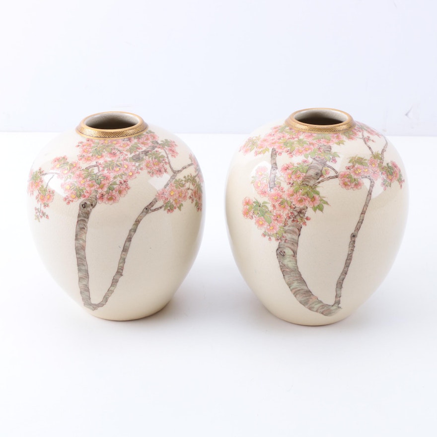 Pair of Japanese Vases with Hand-Painted Cherry Blossom Motif