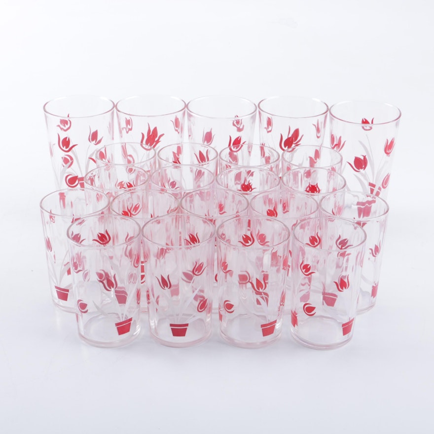 Large Collection of Juice Glasses with Red Floral Pattern