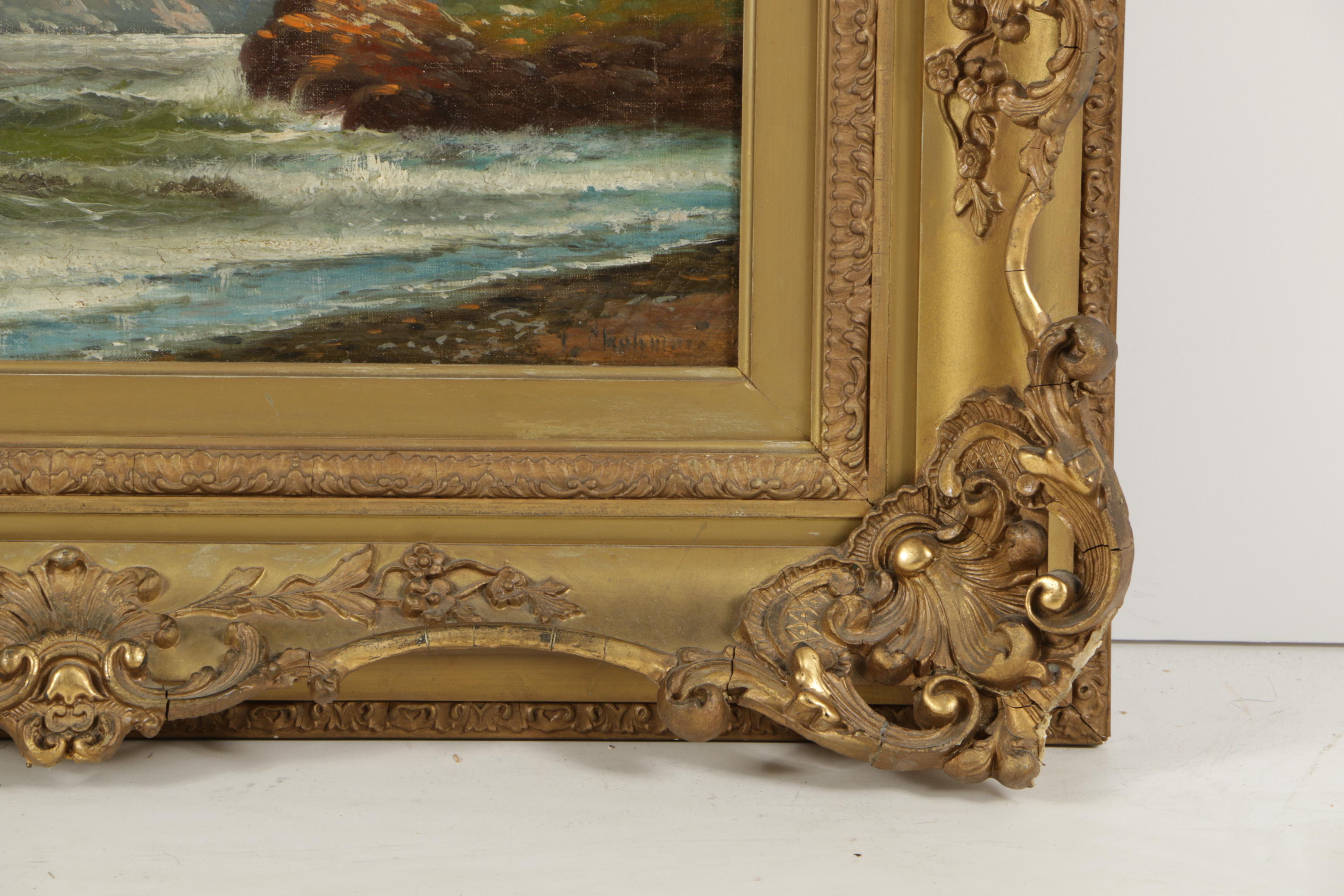 Early 20th Century Oil Painting on Canvas of Ocean Shoreline Landscape