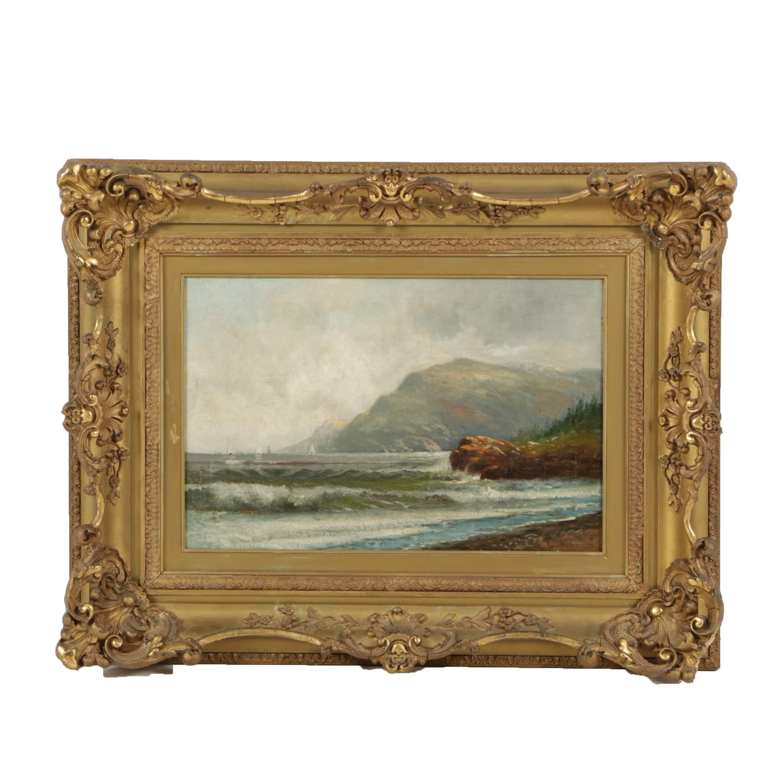 Early 20th Century Oil Painting on Canvas of Ocean Shoreline Landscape