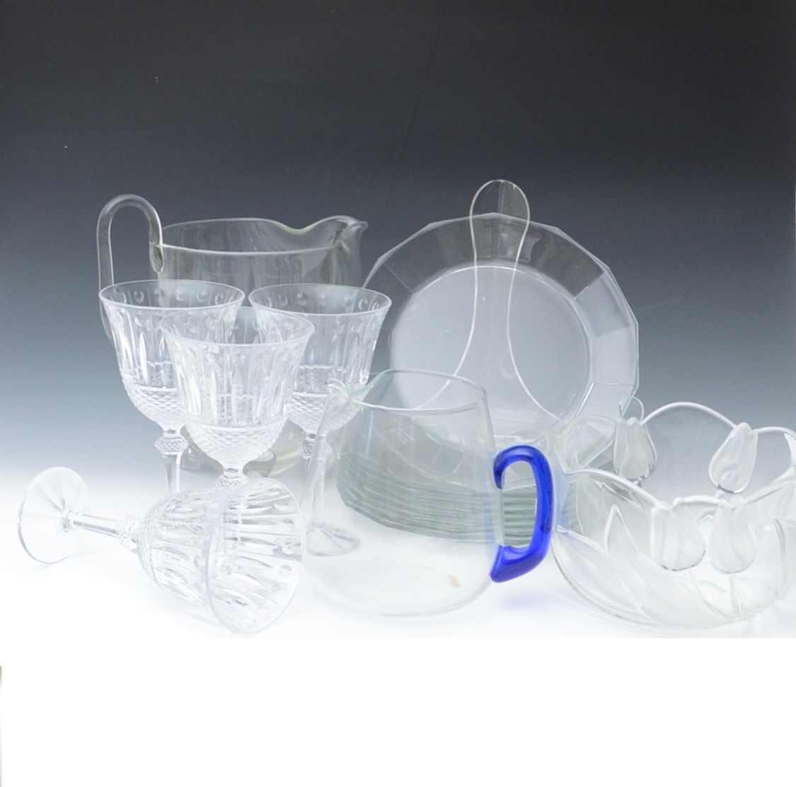 Clear Glassware and Four Crystal Water Glasses