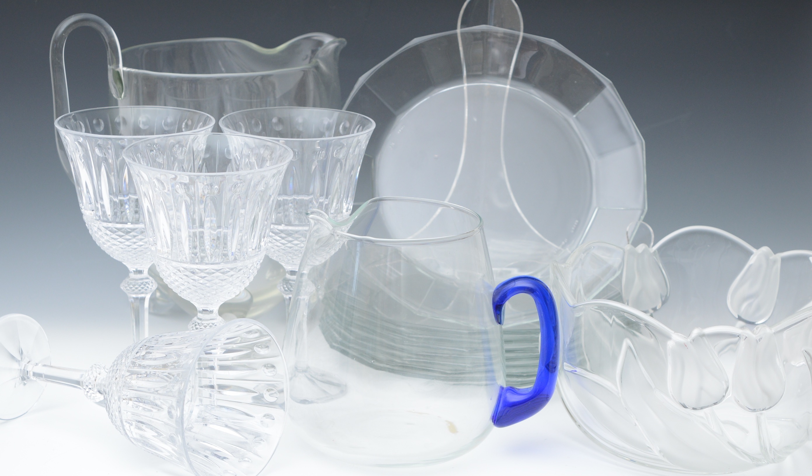 Clear Glassware and Four Crystal Water Glasses