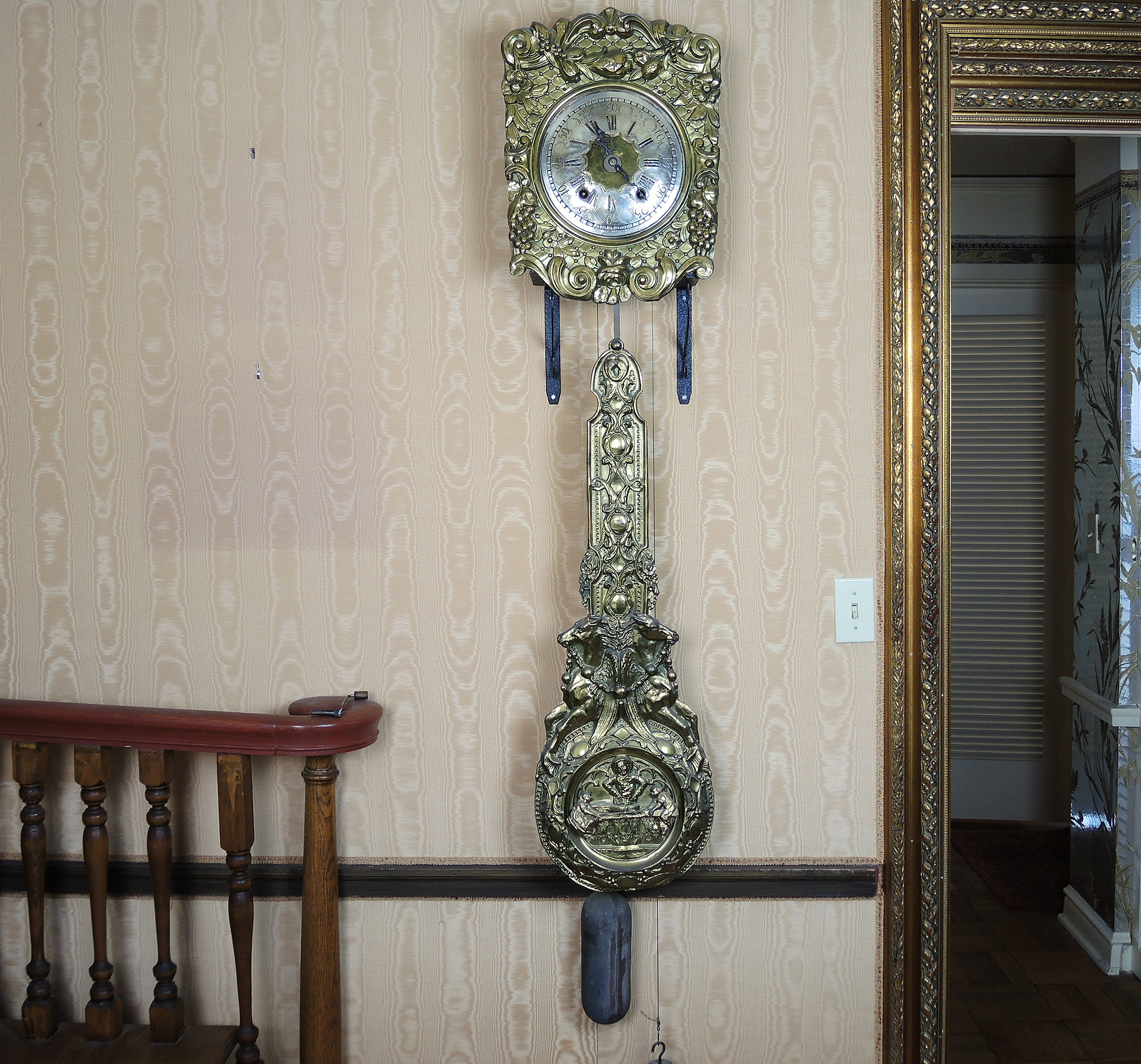 Antique French Morbier Comtoise Ornate Brass Wall Clock with Long Pendulum