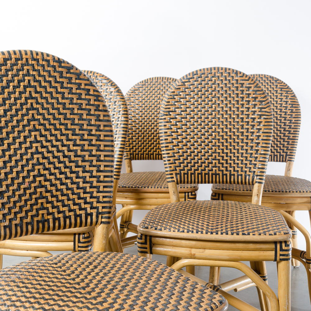Six Bamboo and Leather Woven Chairs