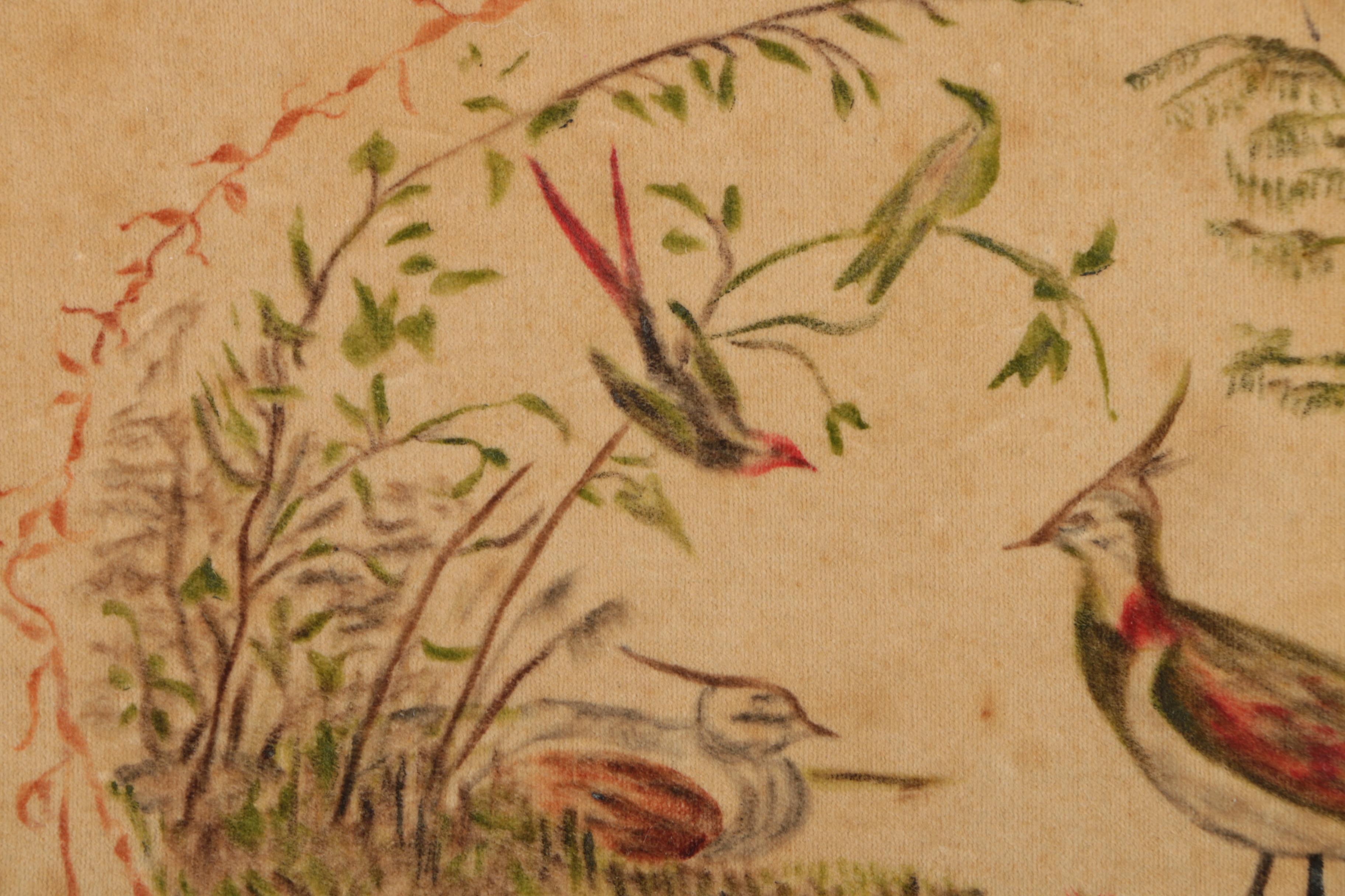 Mixed Media Painting of Birds on Velvety Fabric