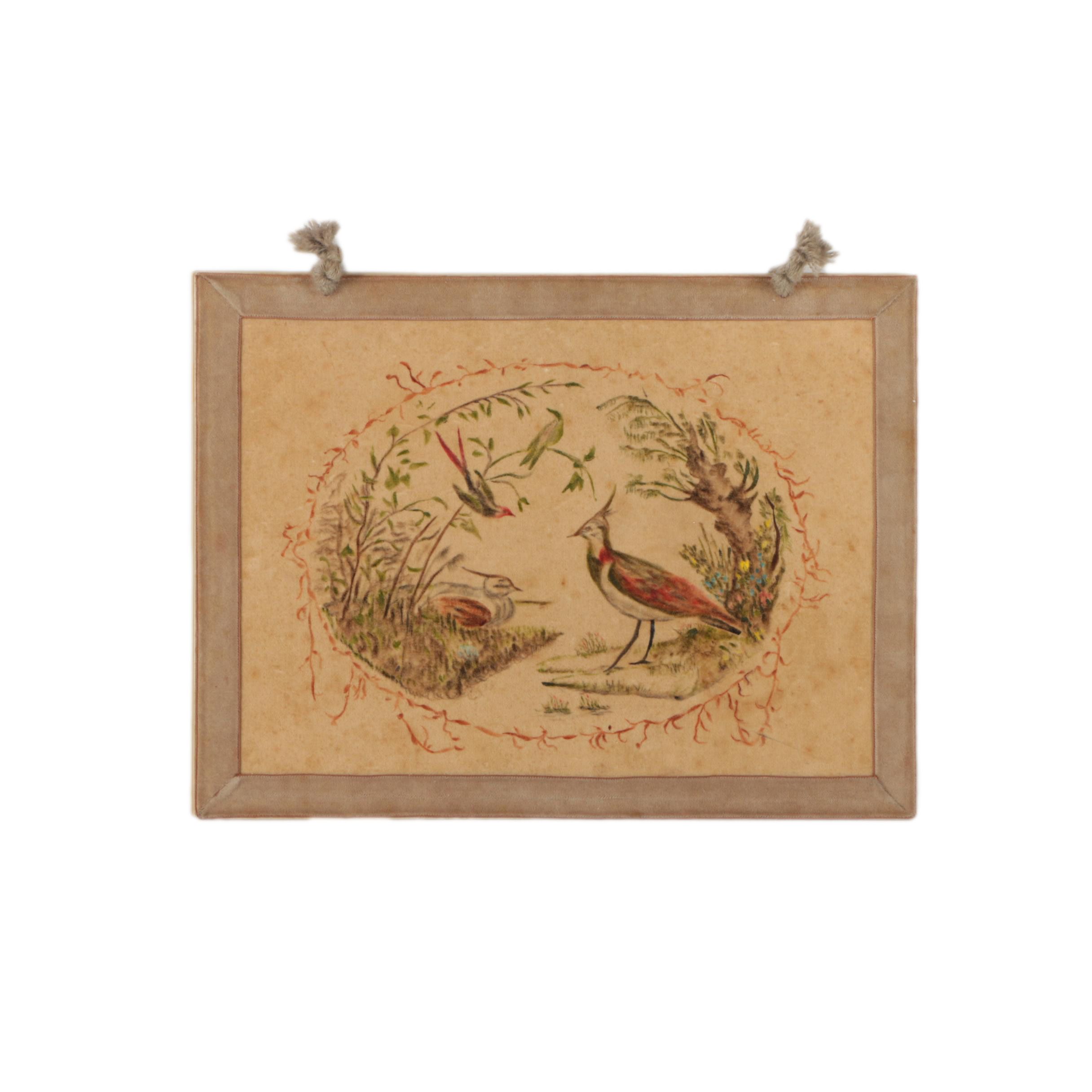 Mixed Media Painting of Birds on Velvety Fabric