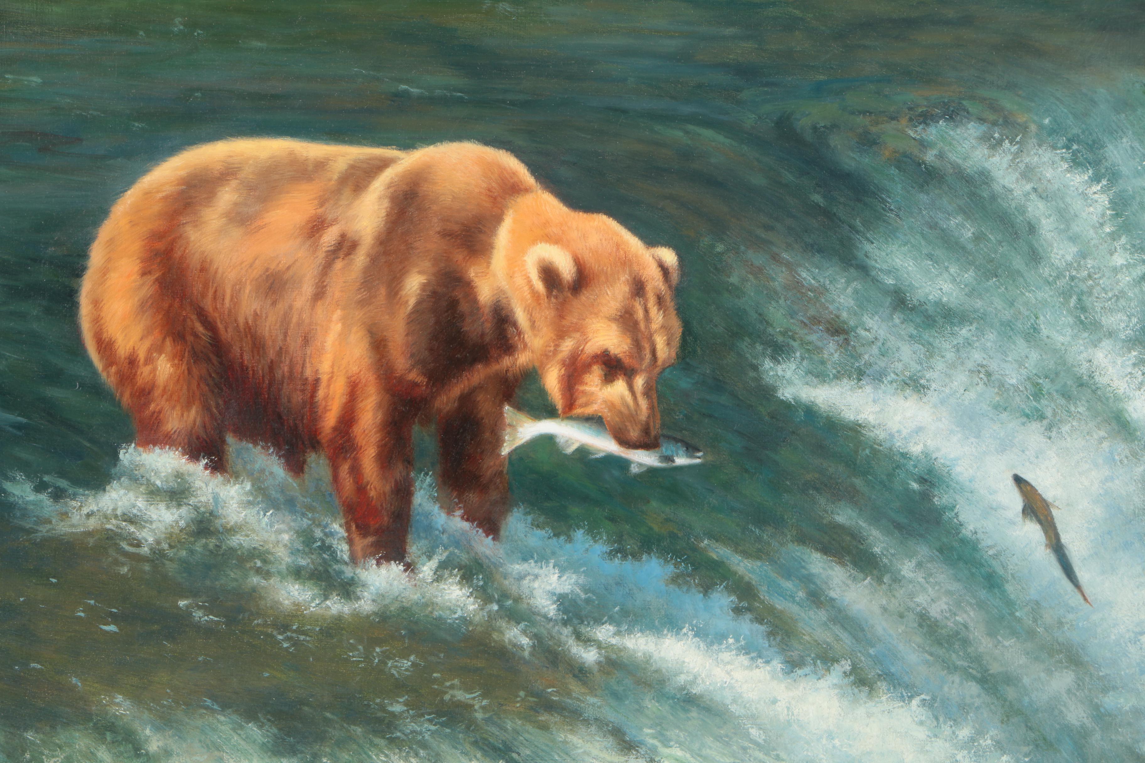 Carol Lee Thompson Oil Painting on Board of Grizzly Bear Catching Salmon