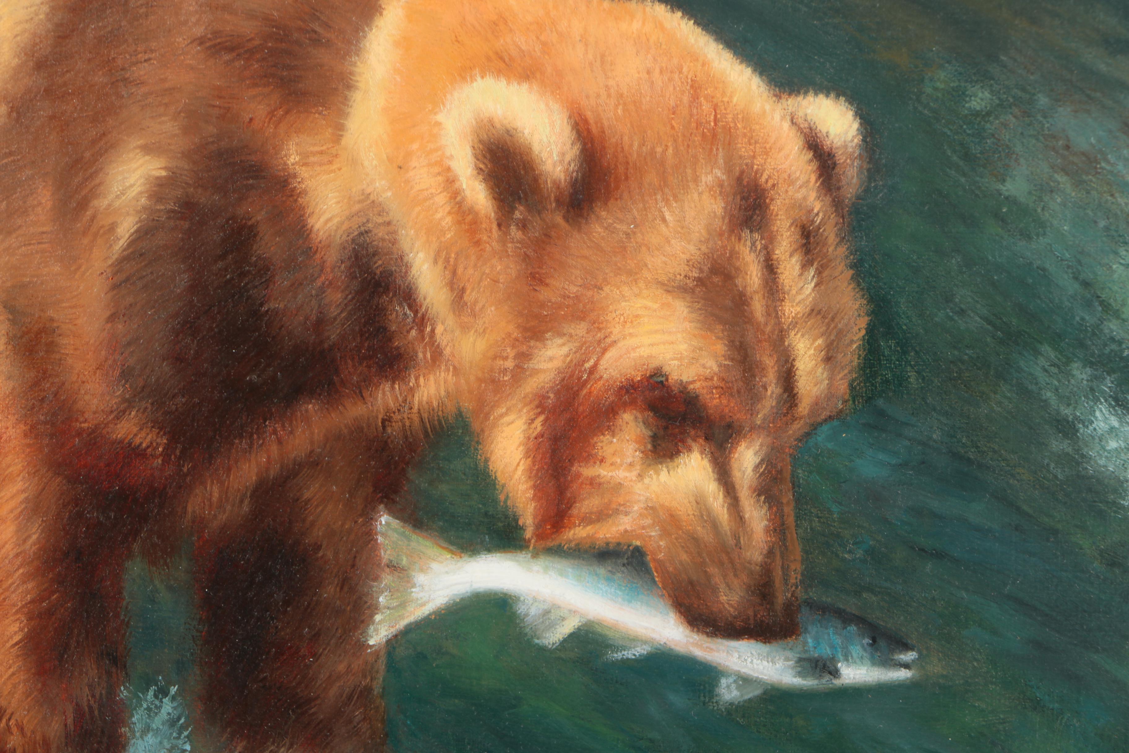 Carol Lee Thompson Oil Painting on Board of Grizzly Bear Catching Salmon