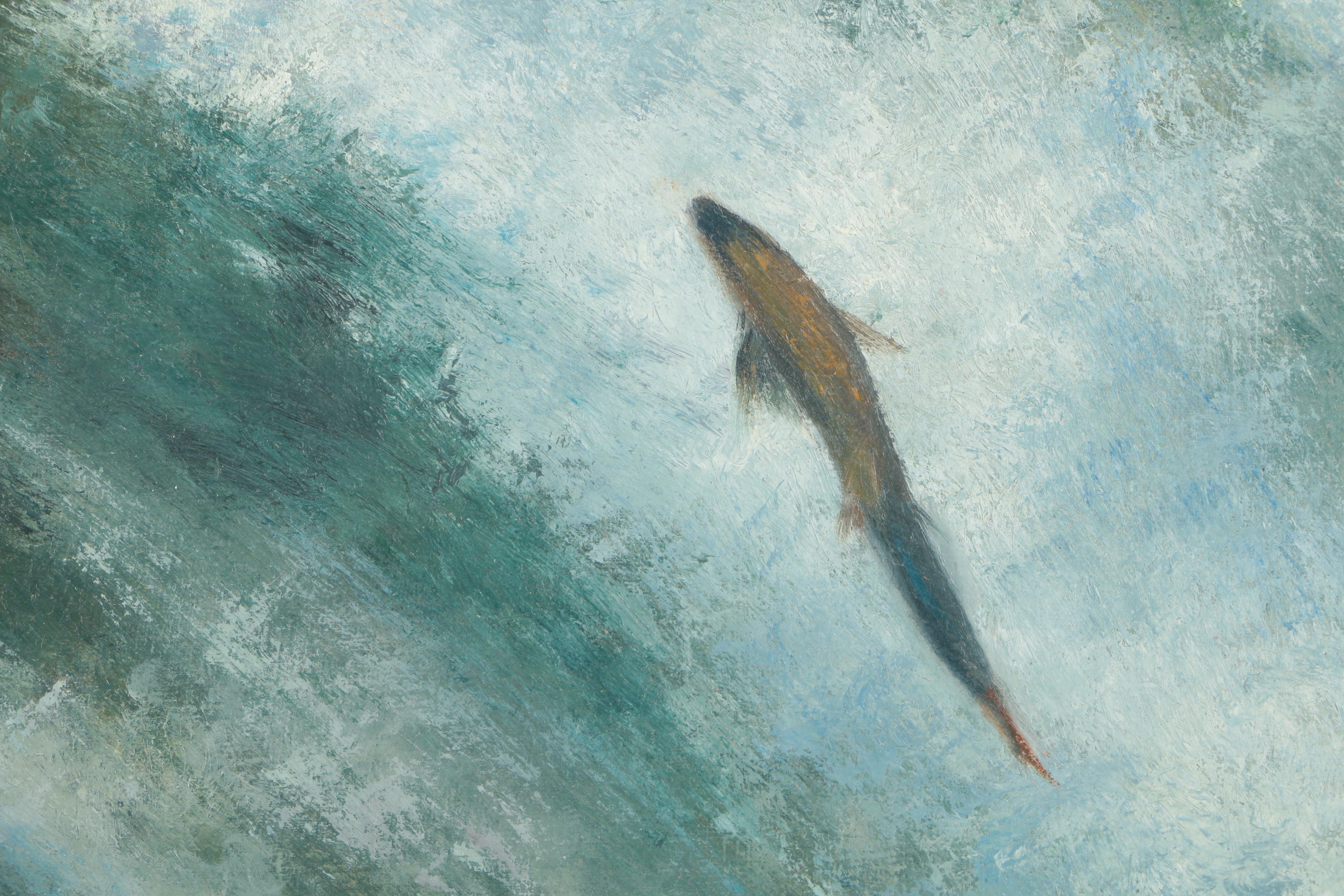 Carol Lee Thompson Oil Painting on Board of Grizzly Bear Catching Salmon