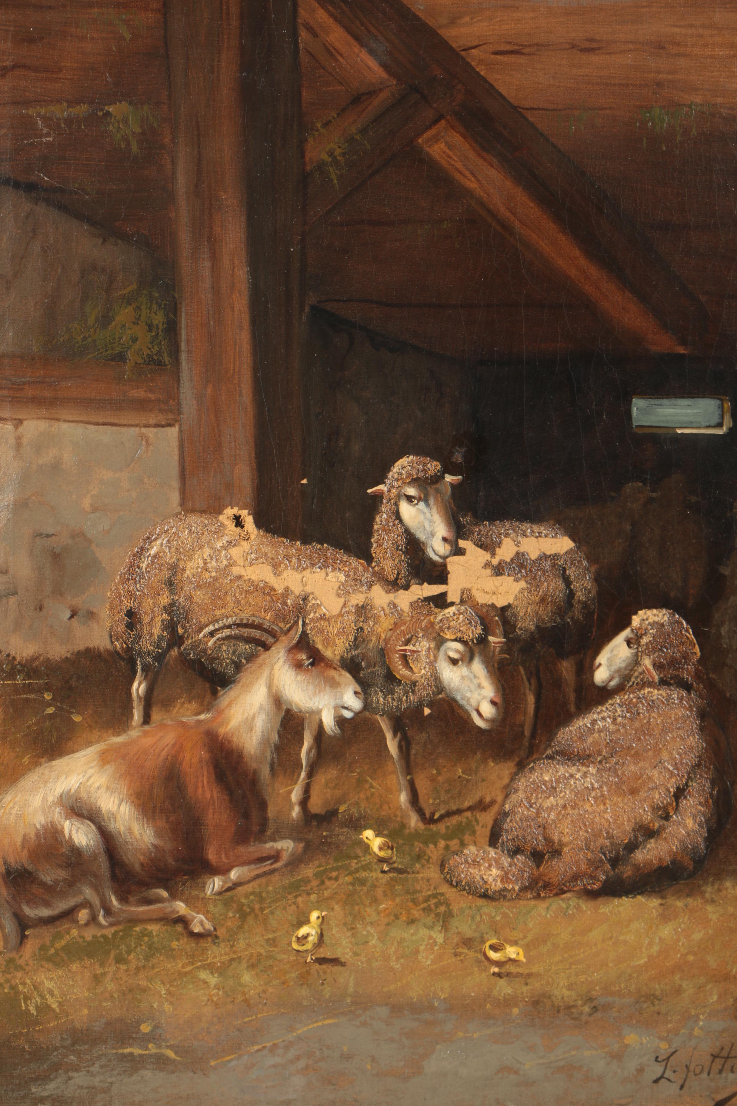 Oil Painting of Sheep in Barn