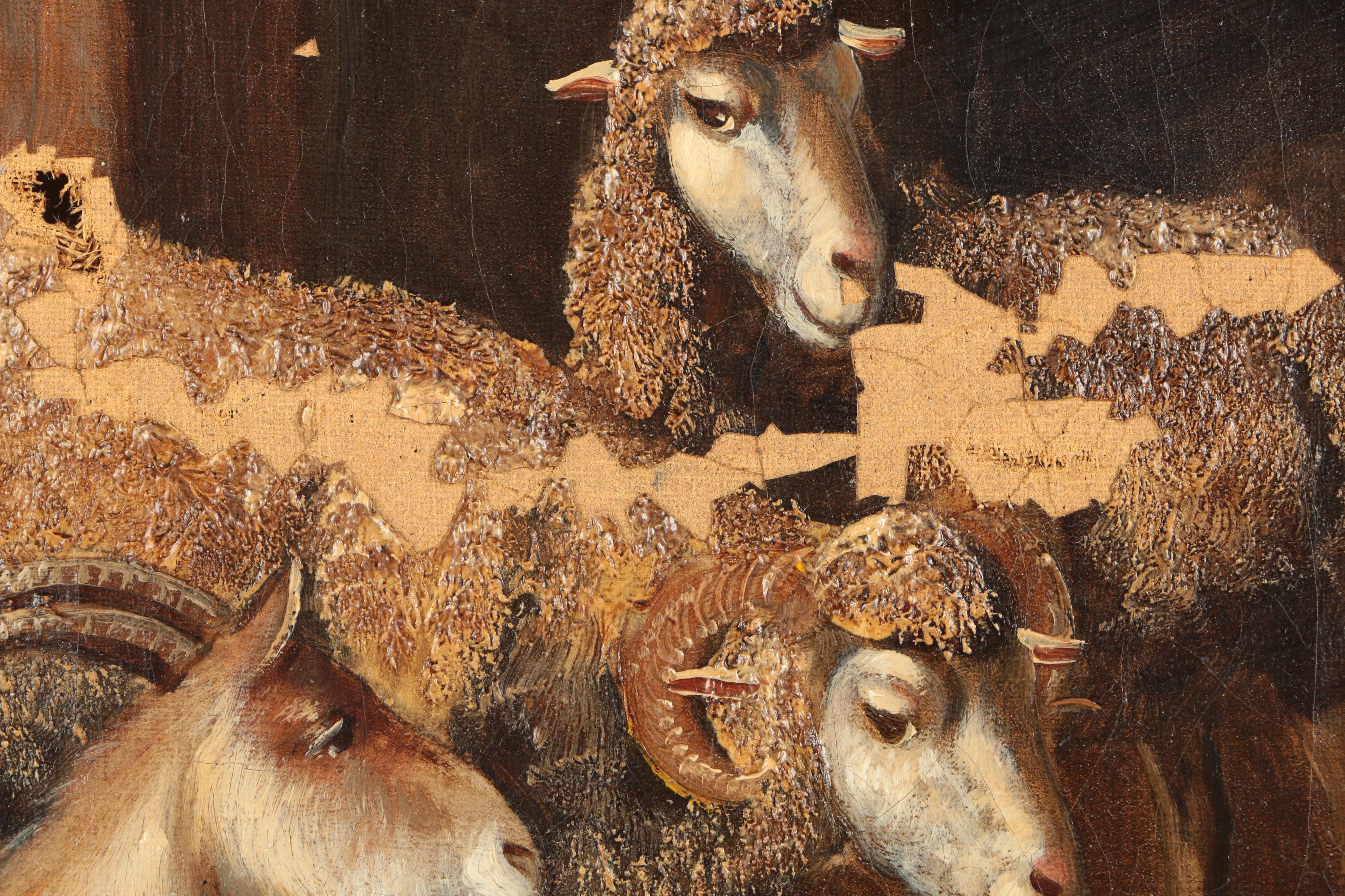Oil Painting of Sheep in Barn