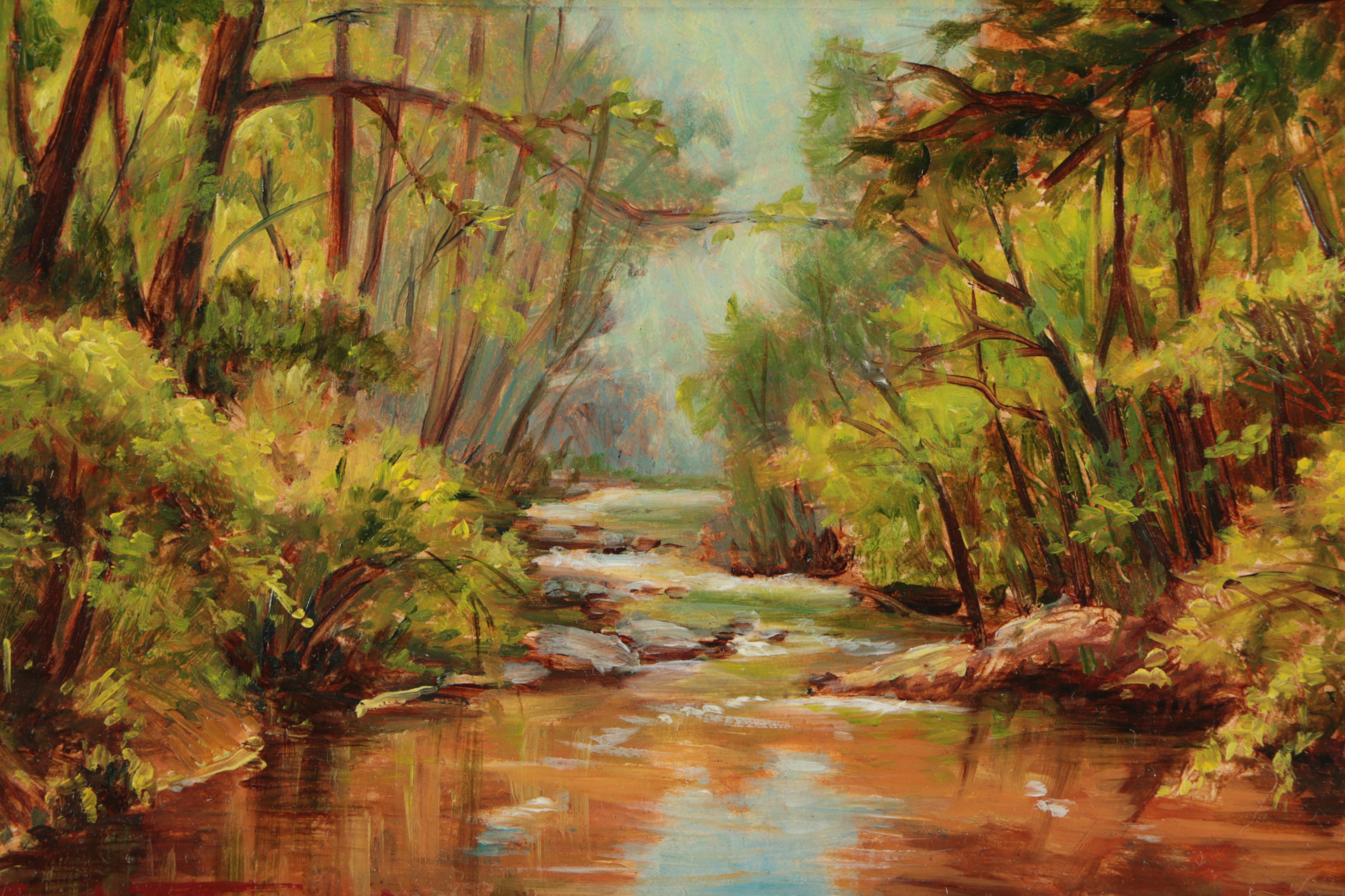 Carol Lee Thompson Oil Painting on Board of Landscape with Forest Stream
