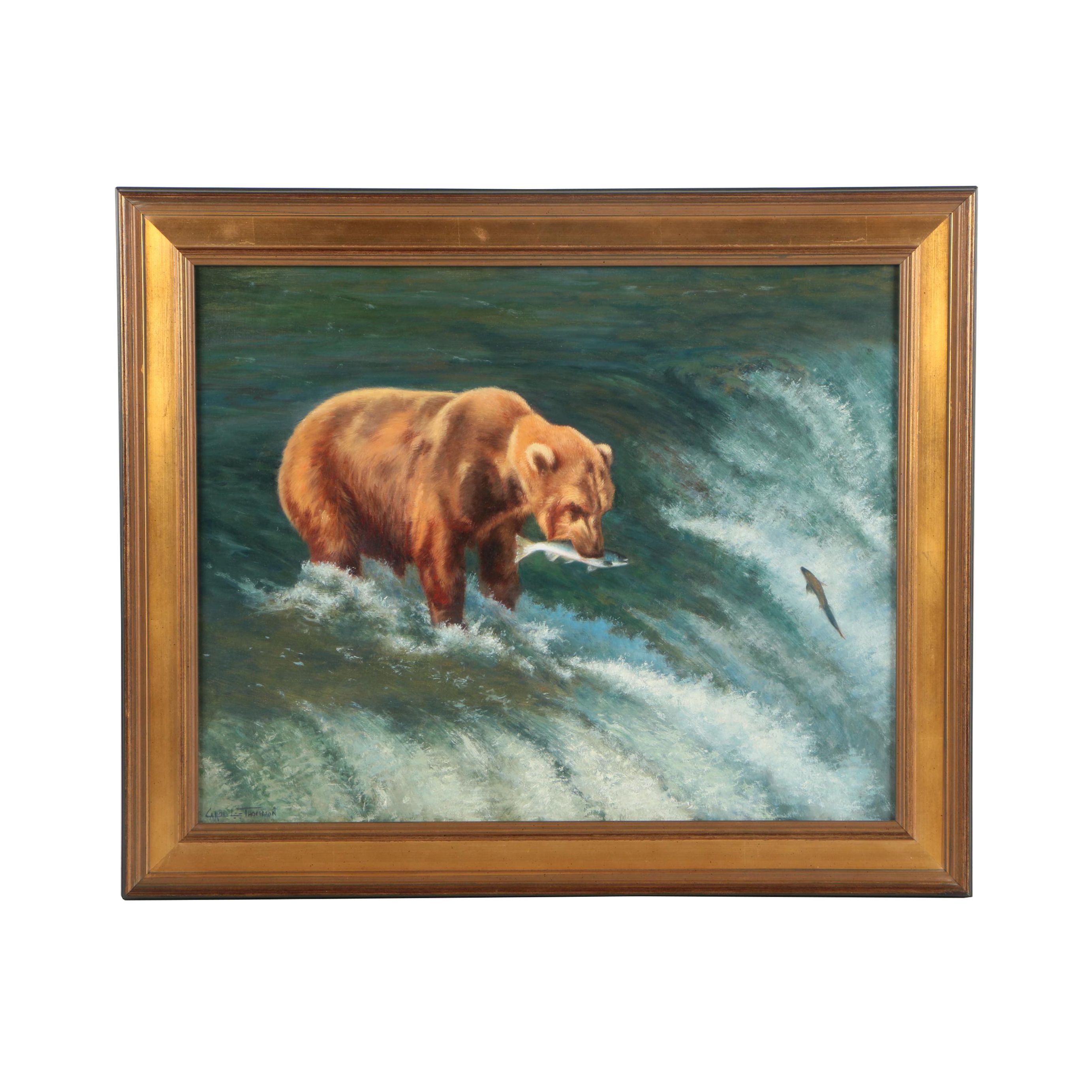 Carol Lee Thompson Oil Painting on Board of Grizzly Bear Catching Salmon