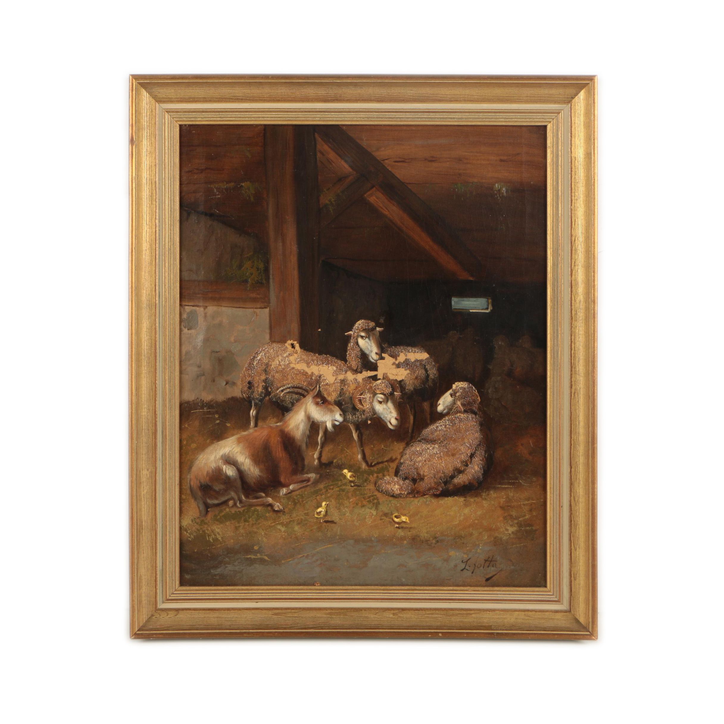 Oil Painting of Sheep in Barn