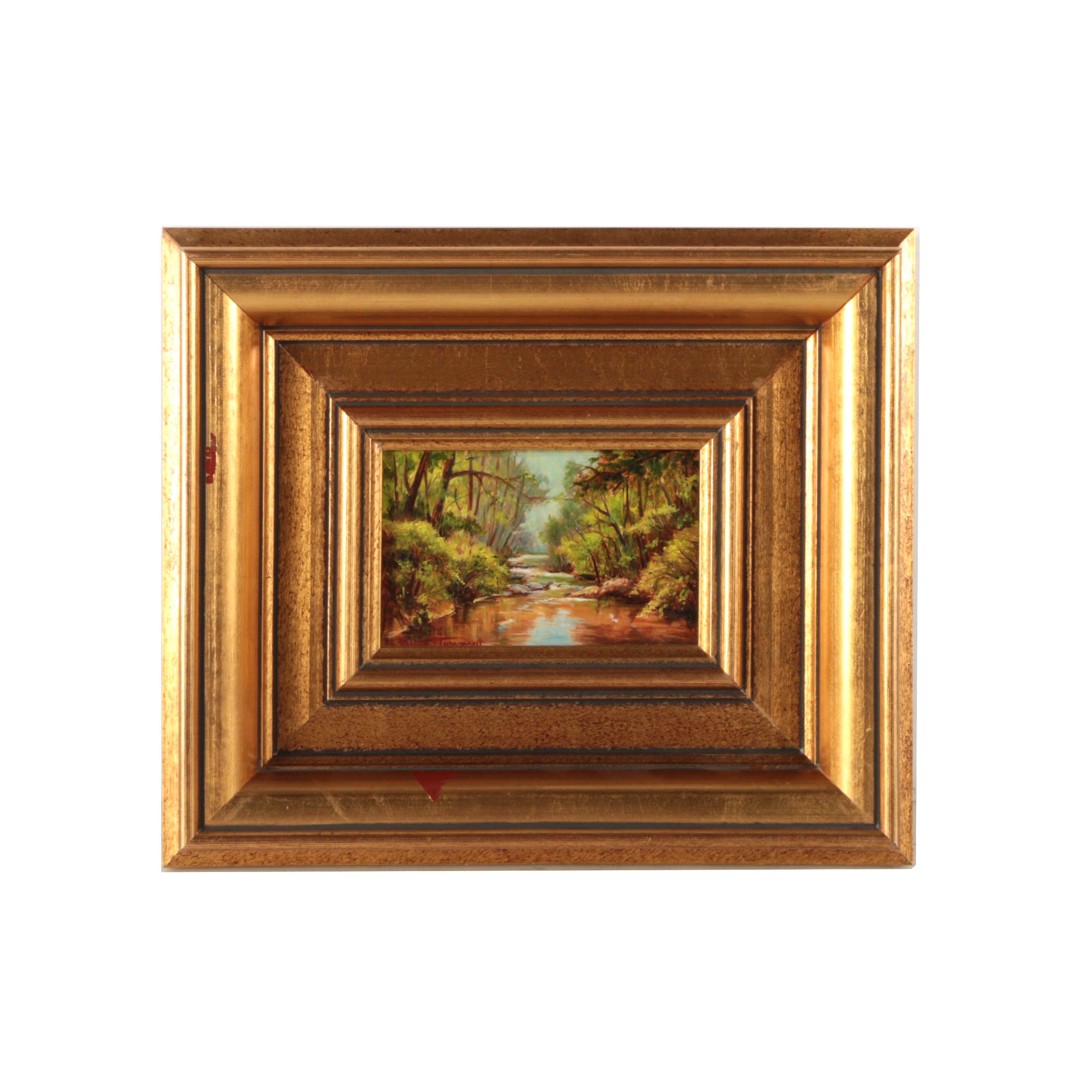 Carol Lee Thompson Oil Painting on Board of Landscape with Forest Stream