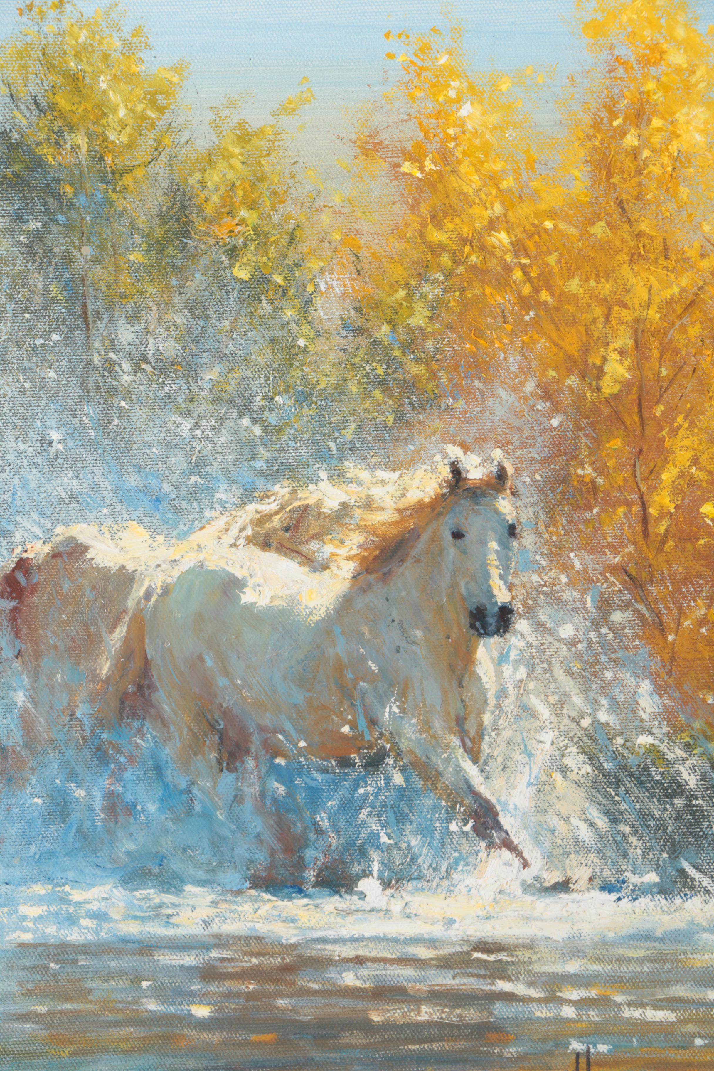 Framed Oil Painting of Wild Horses