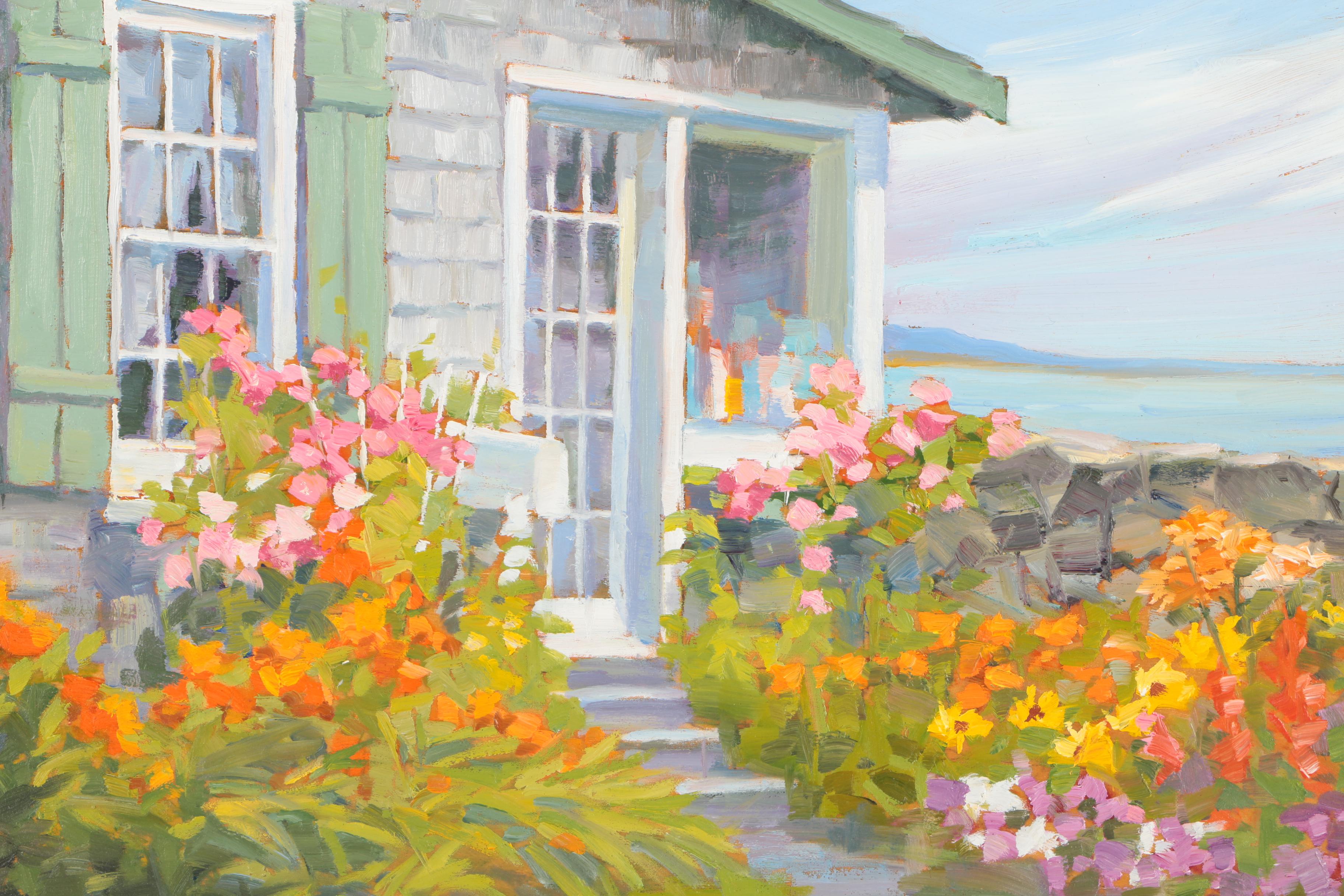 Dorothy Mould Oil on Canvas Painting of a Cottage Garden by the Sea
