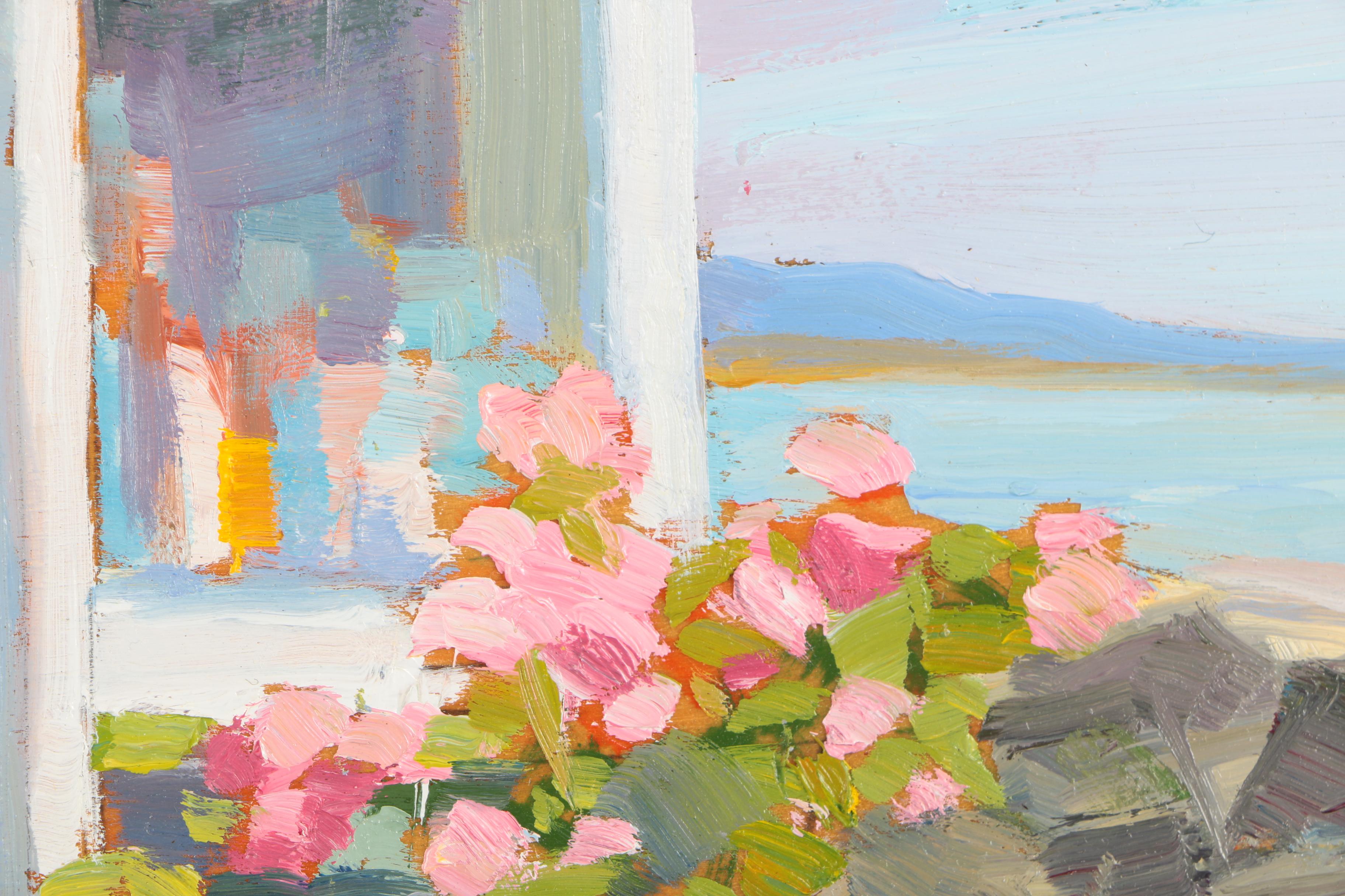 Dorothy Mould Oil on Canvas Painting of a Cottage Garden by the Sea