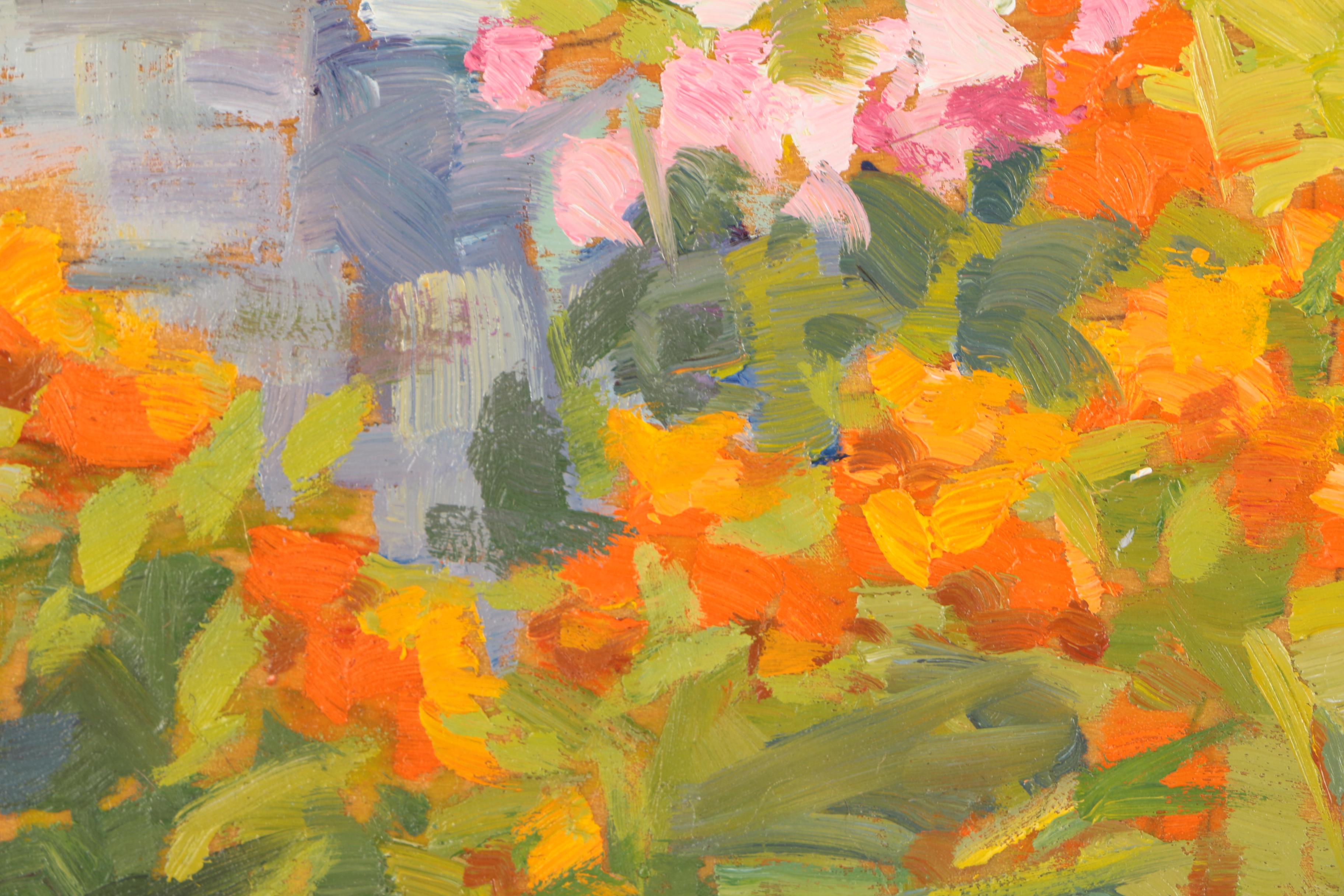 Dorothy Mould Oil on Canvas Painting of a Cottage Garden by the Sea