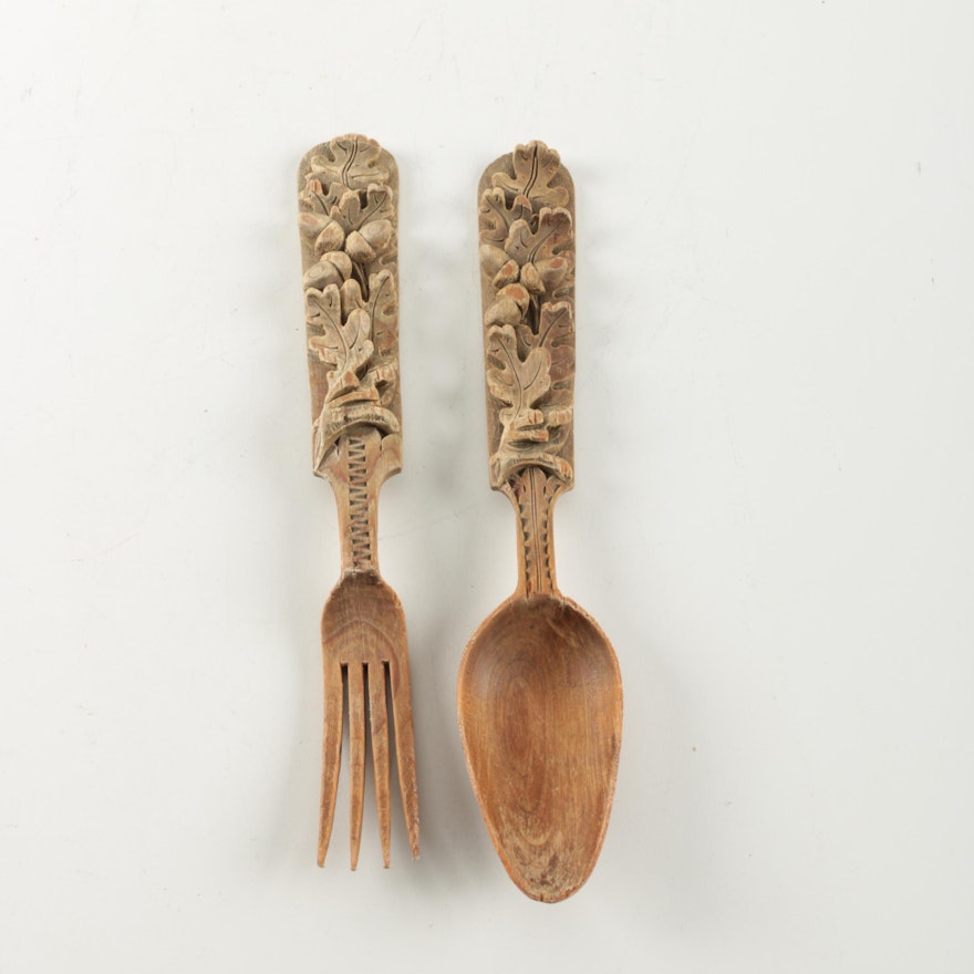 Carved Wooden Salad Serving Fork and Spoon