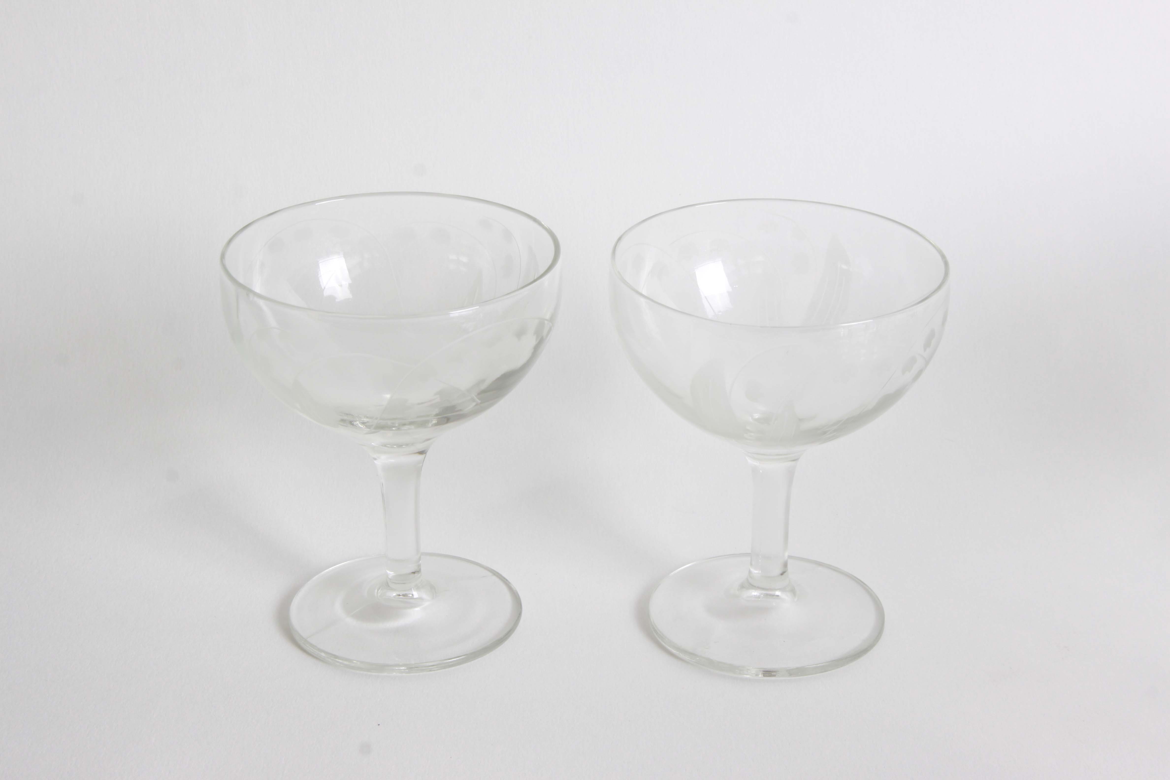 Vintage Floral and Geometric Etched Glass Stemware Group