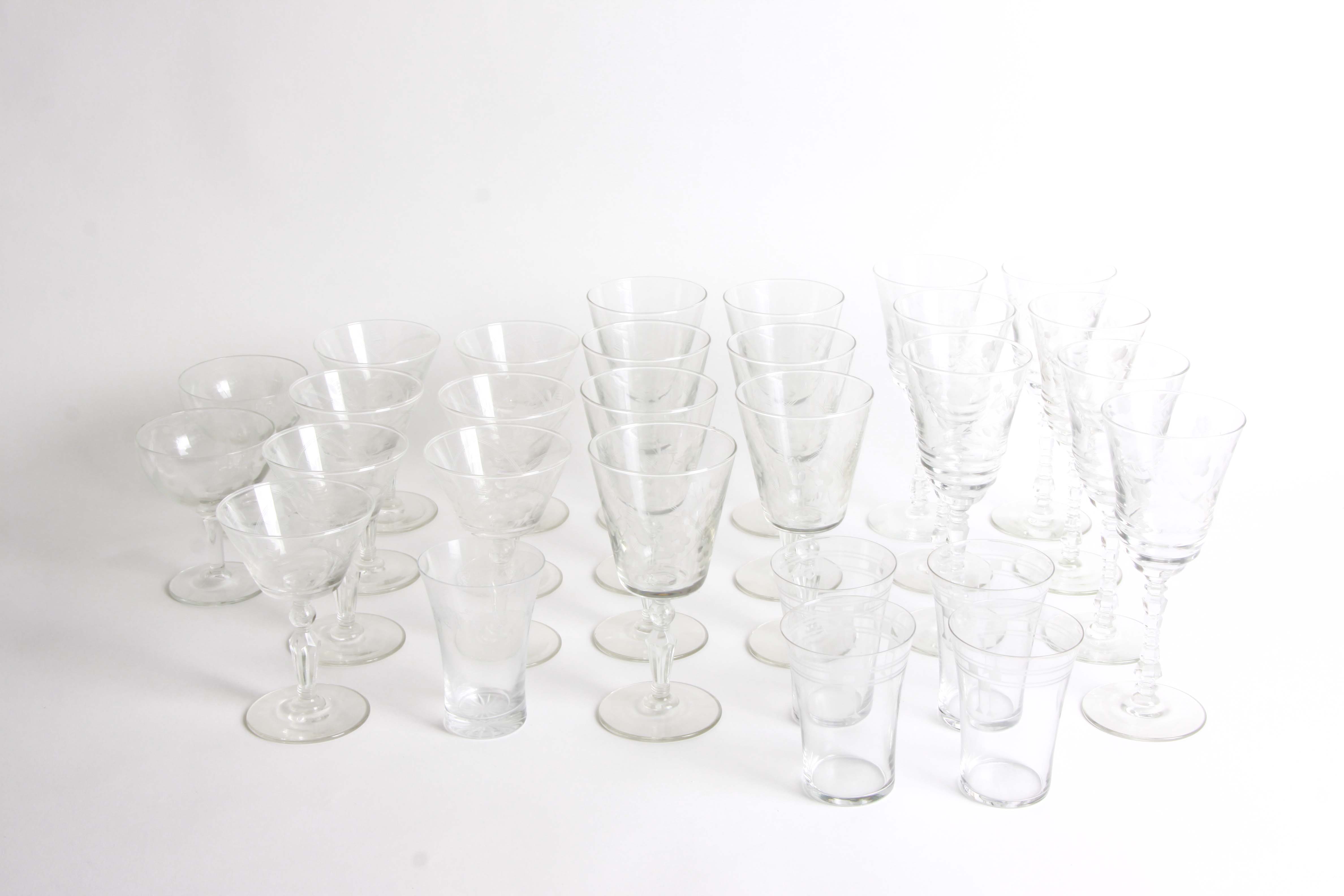 Vintage Floral and Geometric Etched Glass Stemware Group