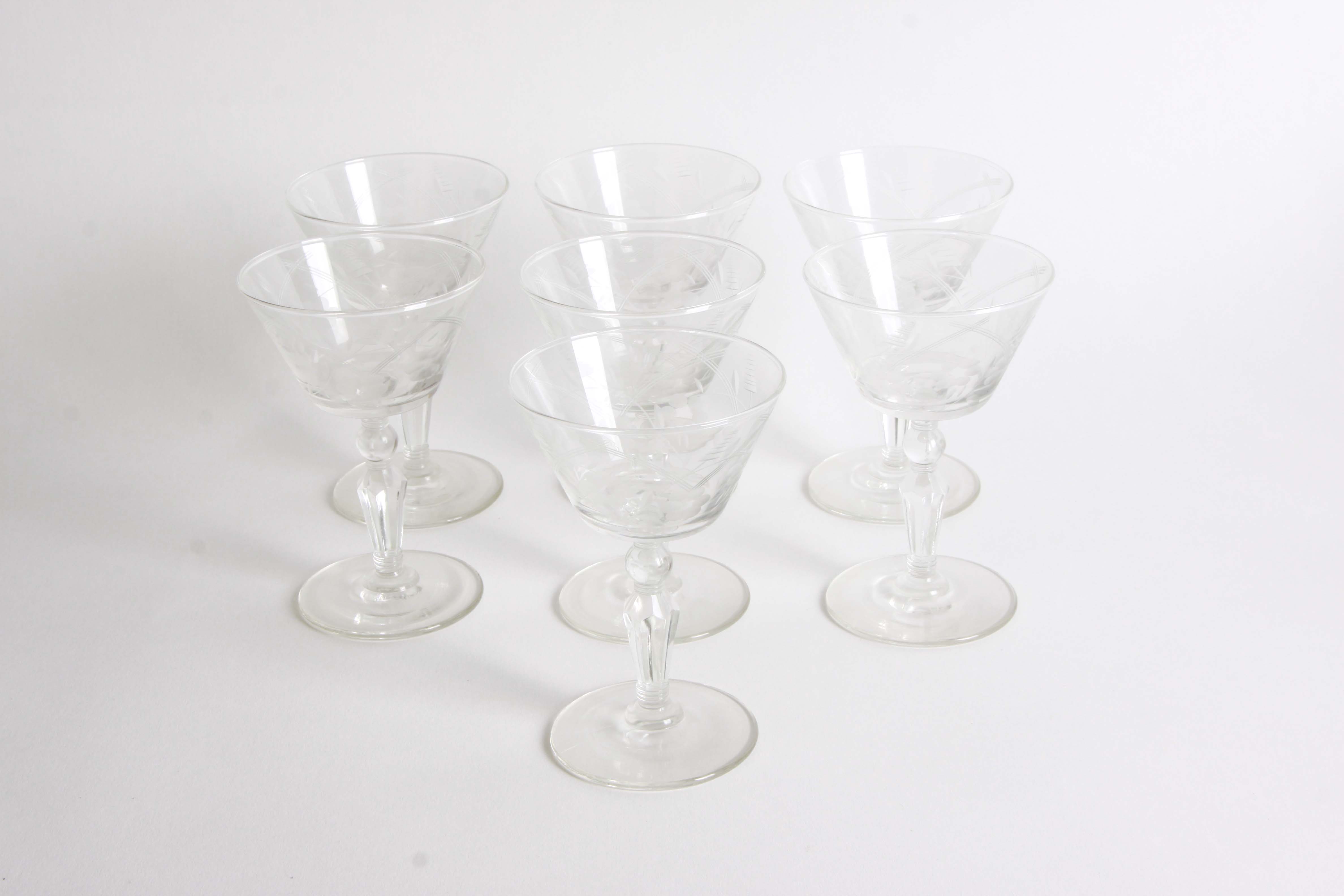 Vintage Floral and Geometric Etched Glass Stemware Group