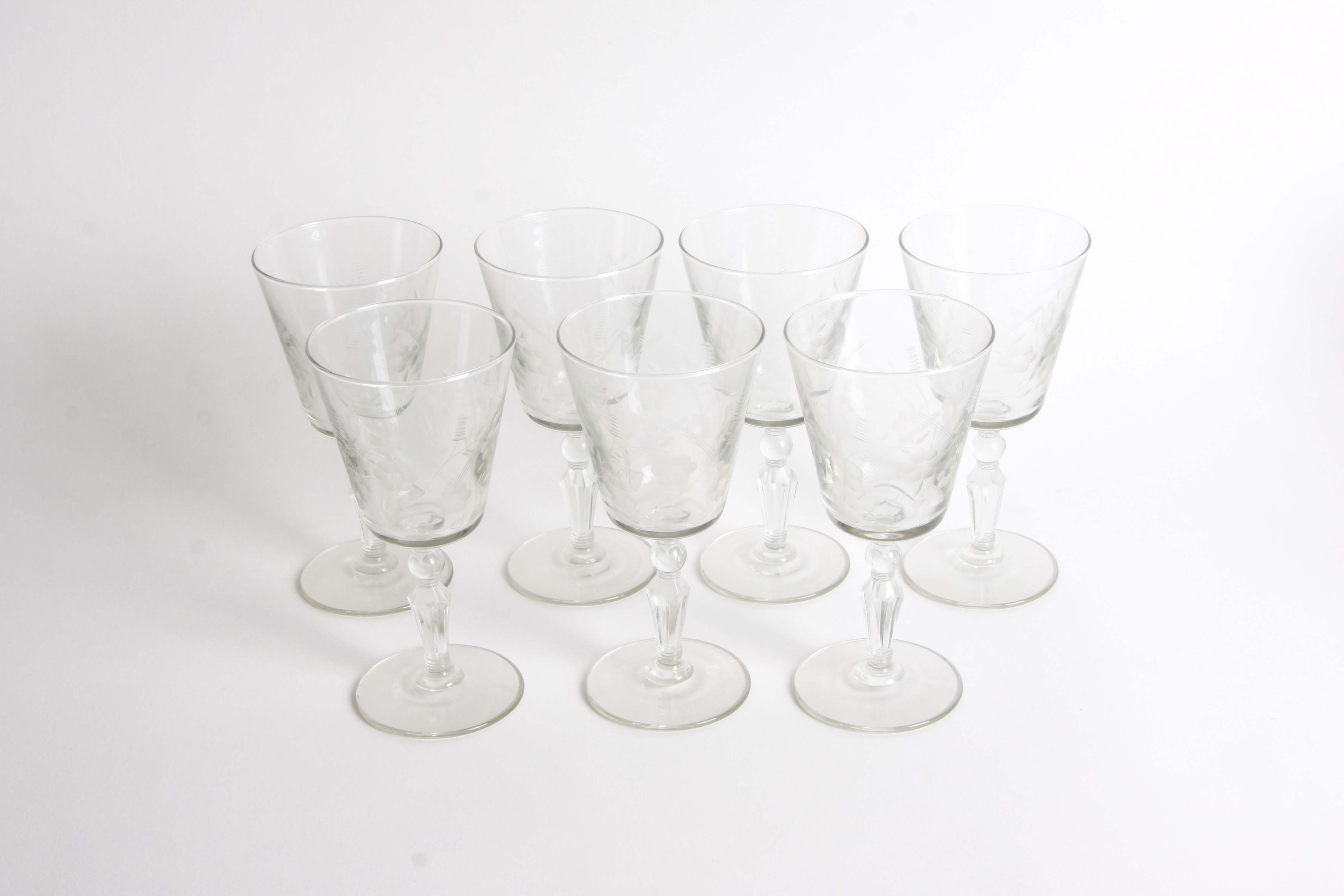 Vintage Floral and Geometric Etched Glass Stemware Group