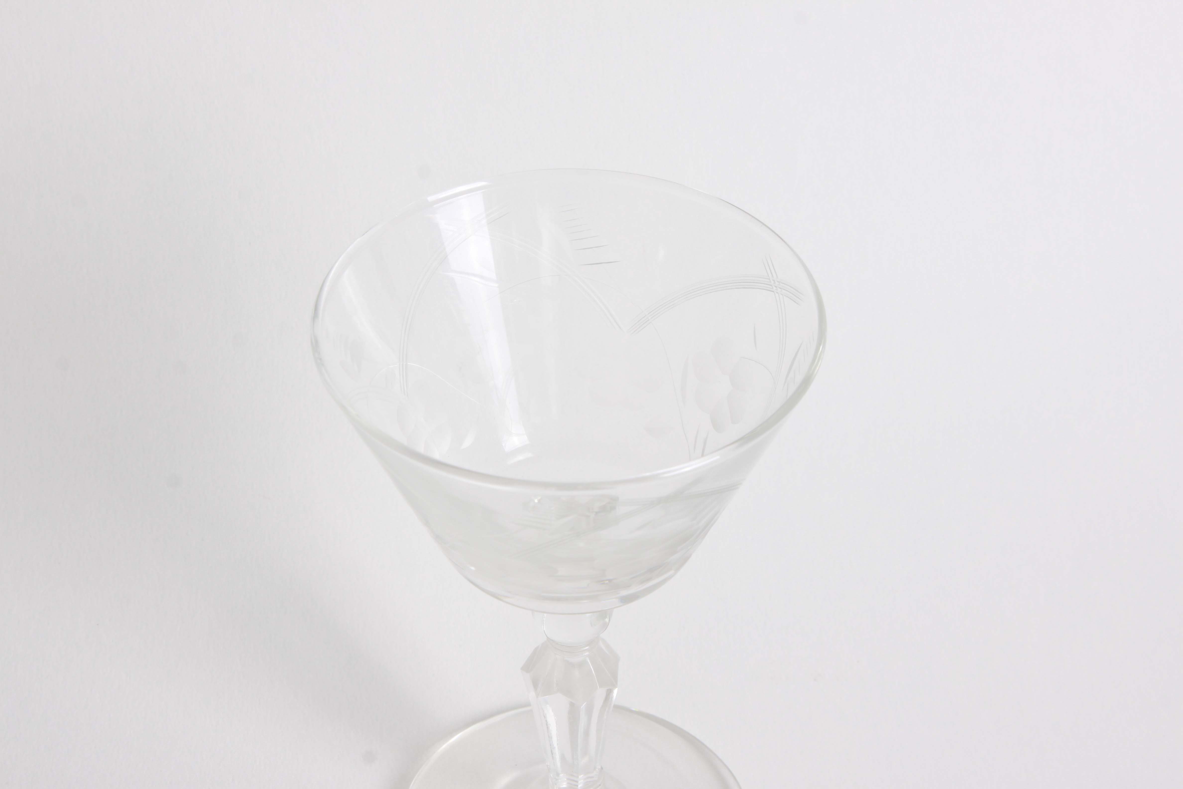 Vintage Floral and Geometric Etched Glass Stemware Group