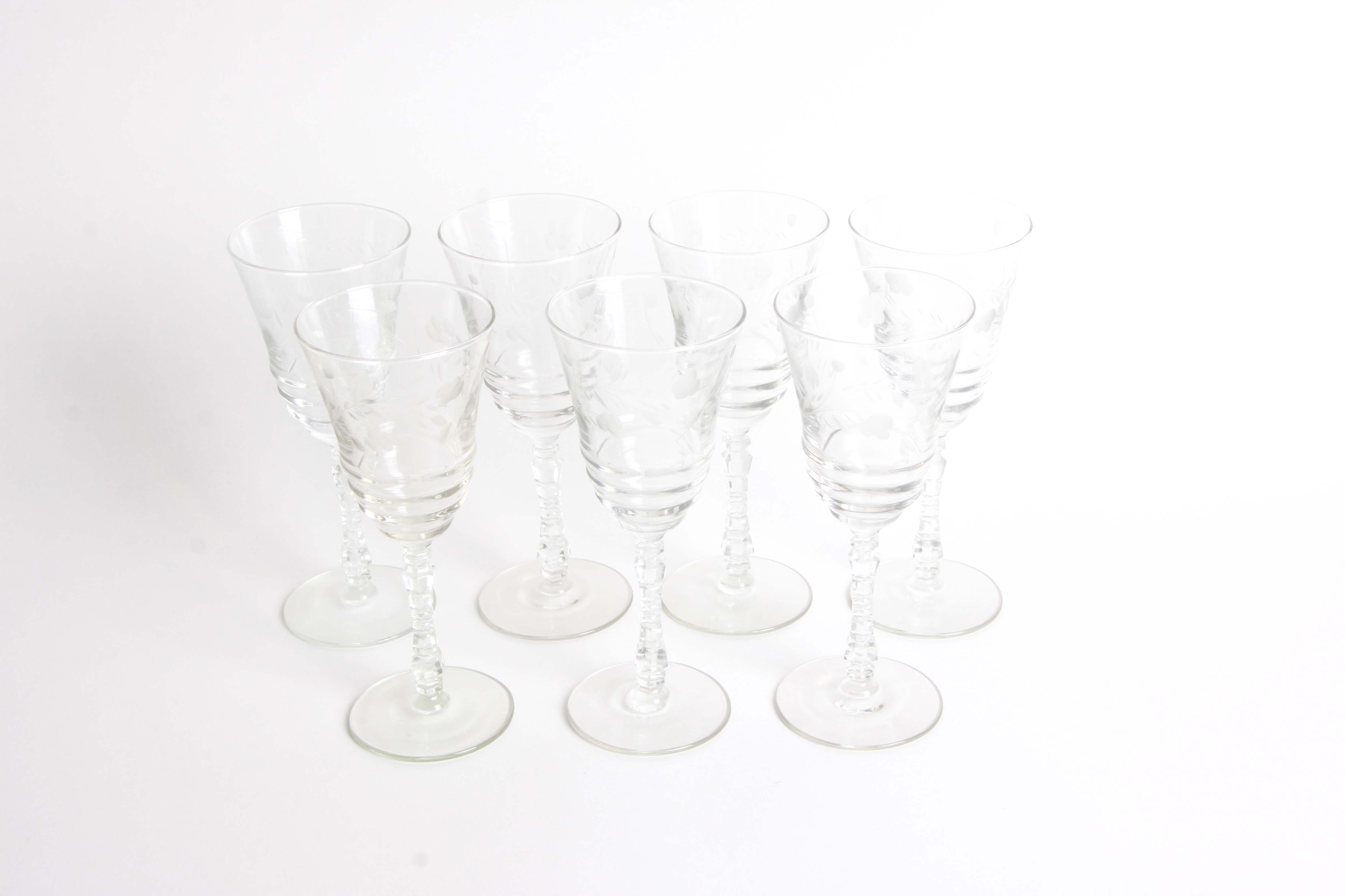 Vintage Floral and Geometric Etched Glass Stemware Group