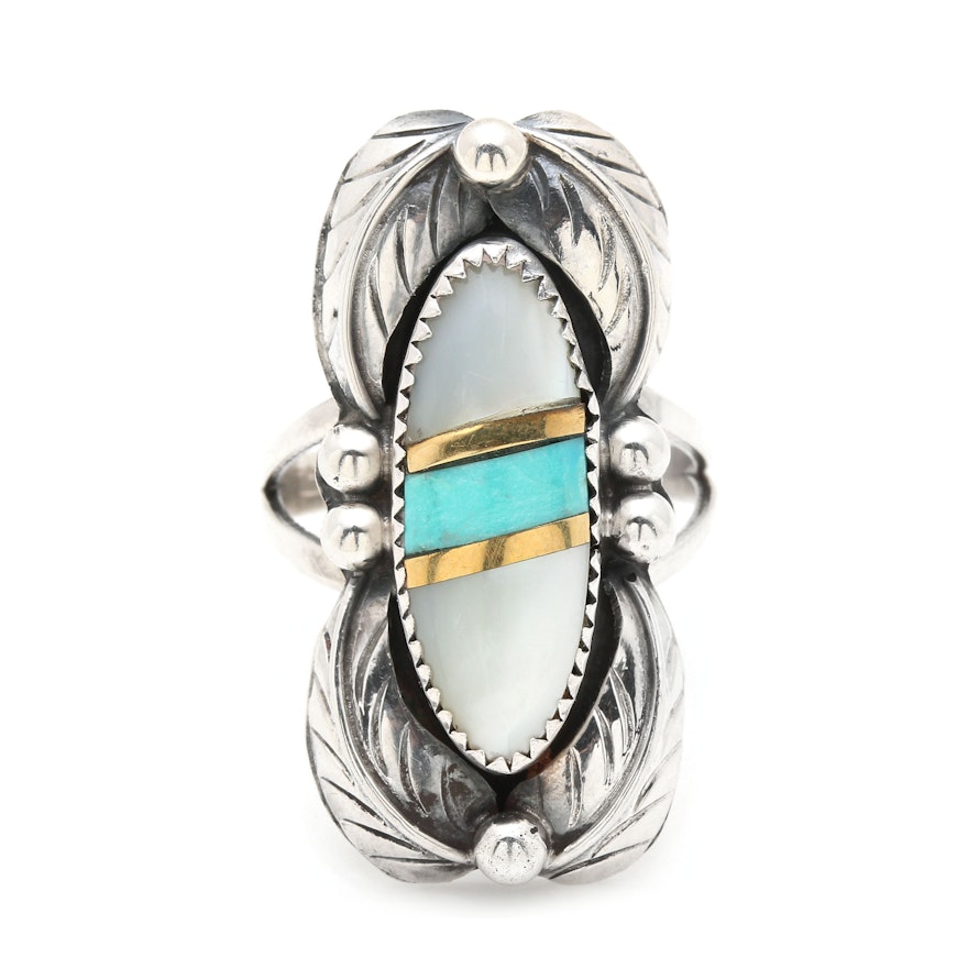 Lester Jackson Navajo Diné Sterling Silver Turquoise and Mother of Pearl Ring