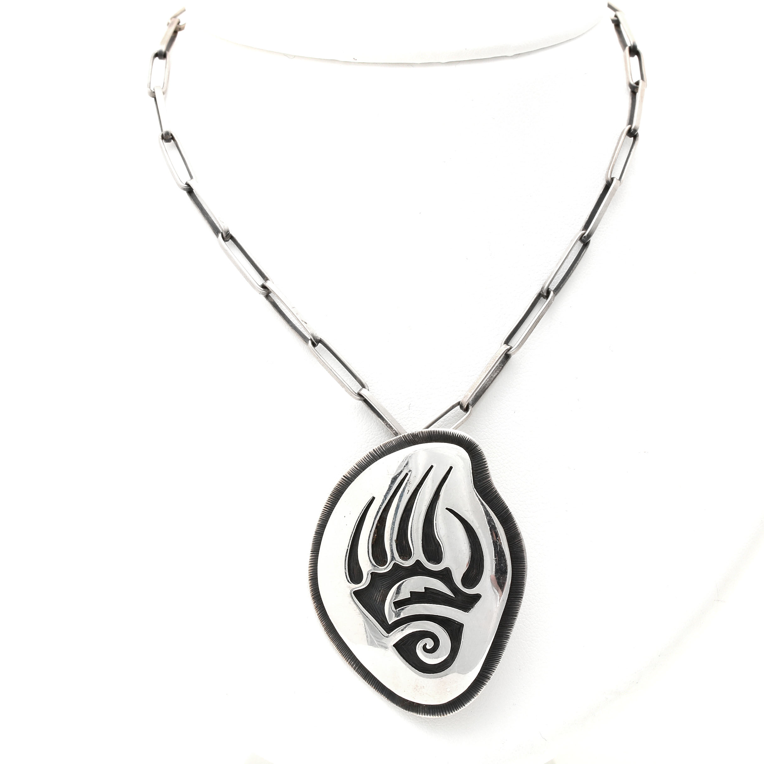 Joe Josytewa Hopi Overlay Bear Paw Converter Pendant Necklace