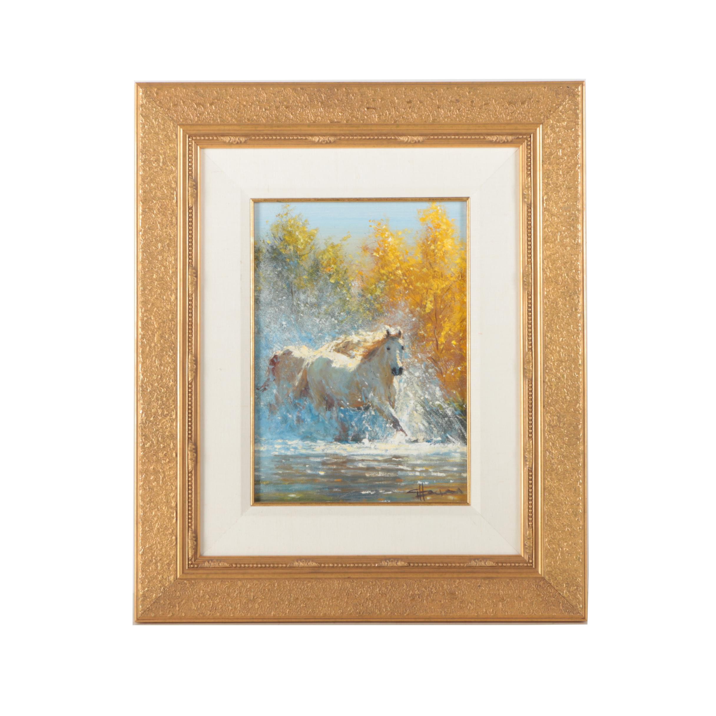 Framed Oil Painting of Wild Horses