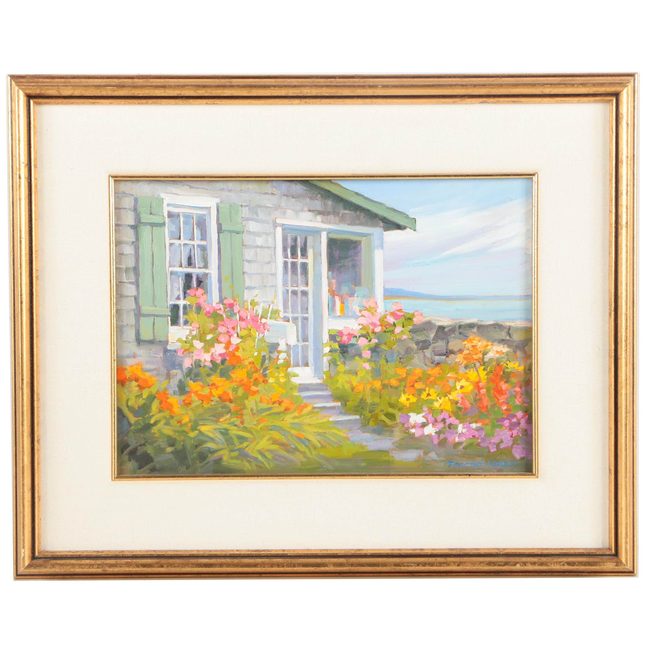 Dorothy Mould Oil on Canvas Painting of a Cottage Garden by the Sea