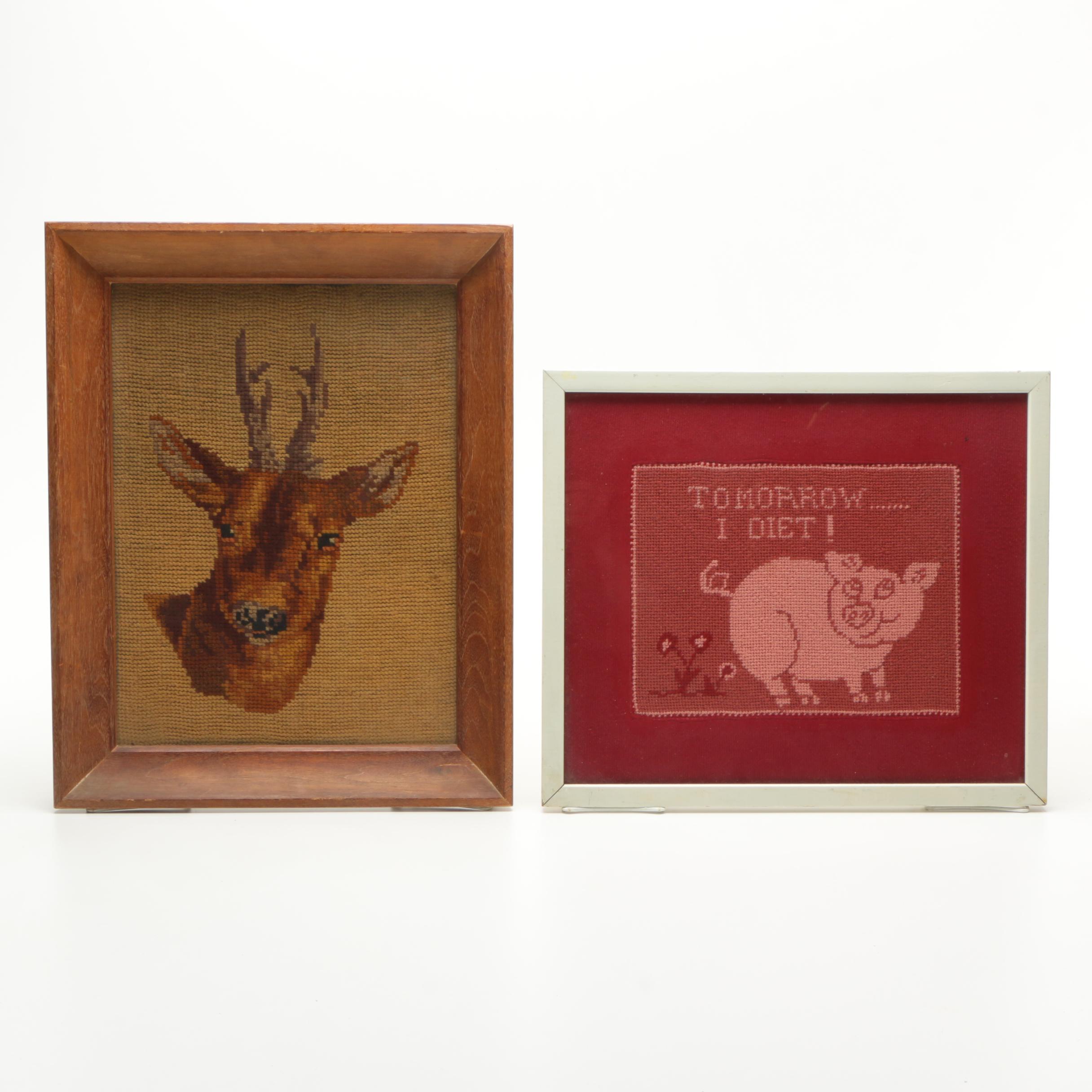 Needlepoint Embroideries of a Deer and a Pig