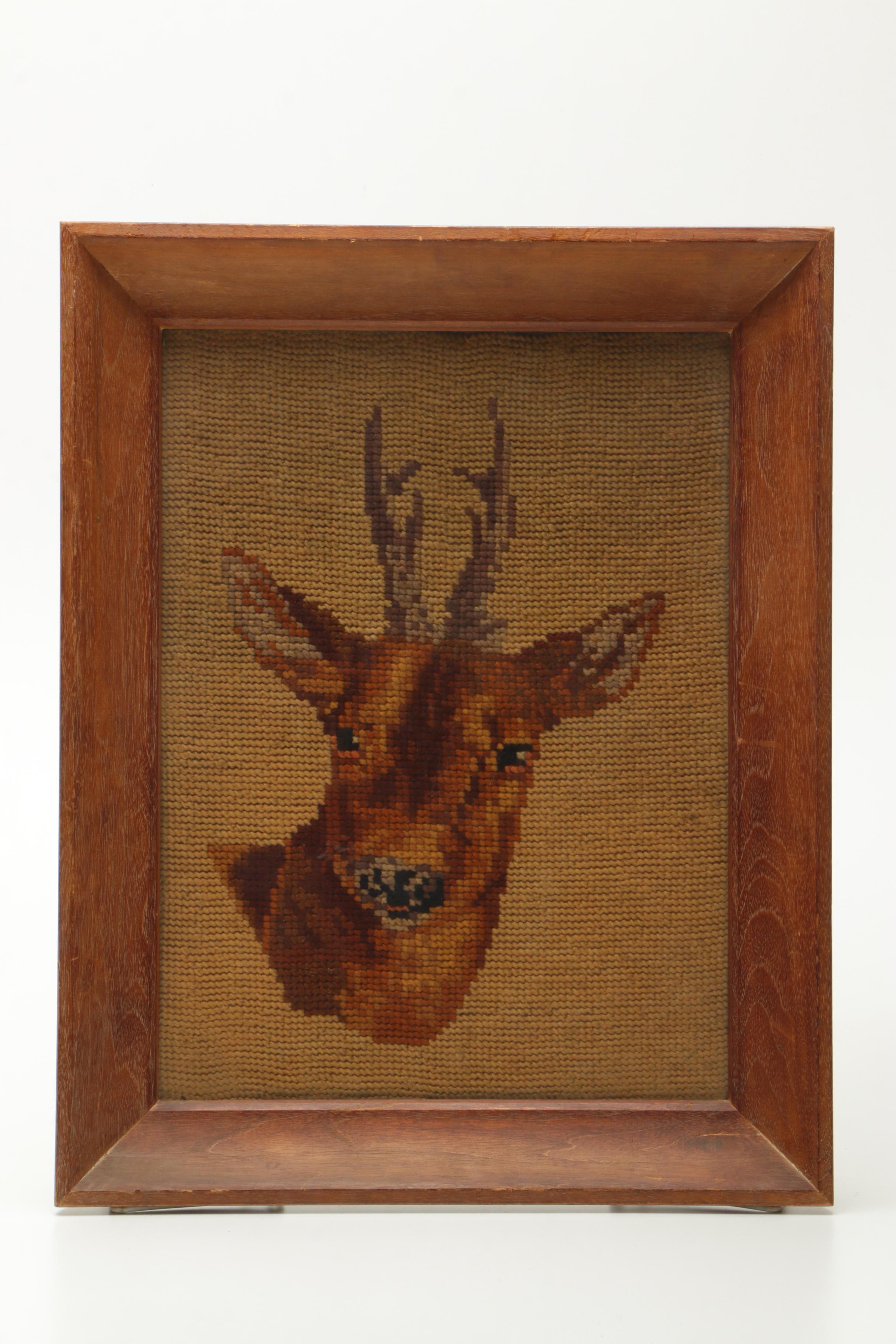 Needlepoint Embroideries of a Deer and a Pig