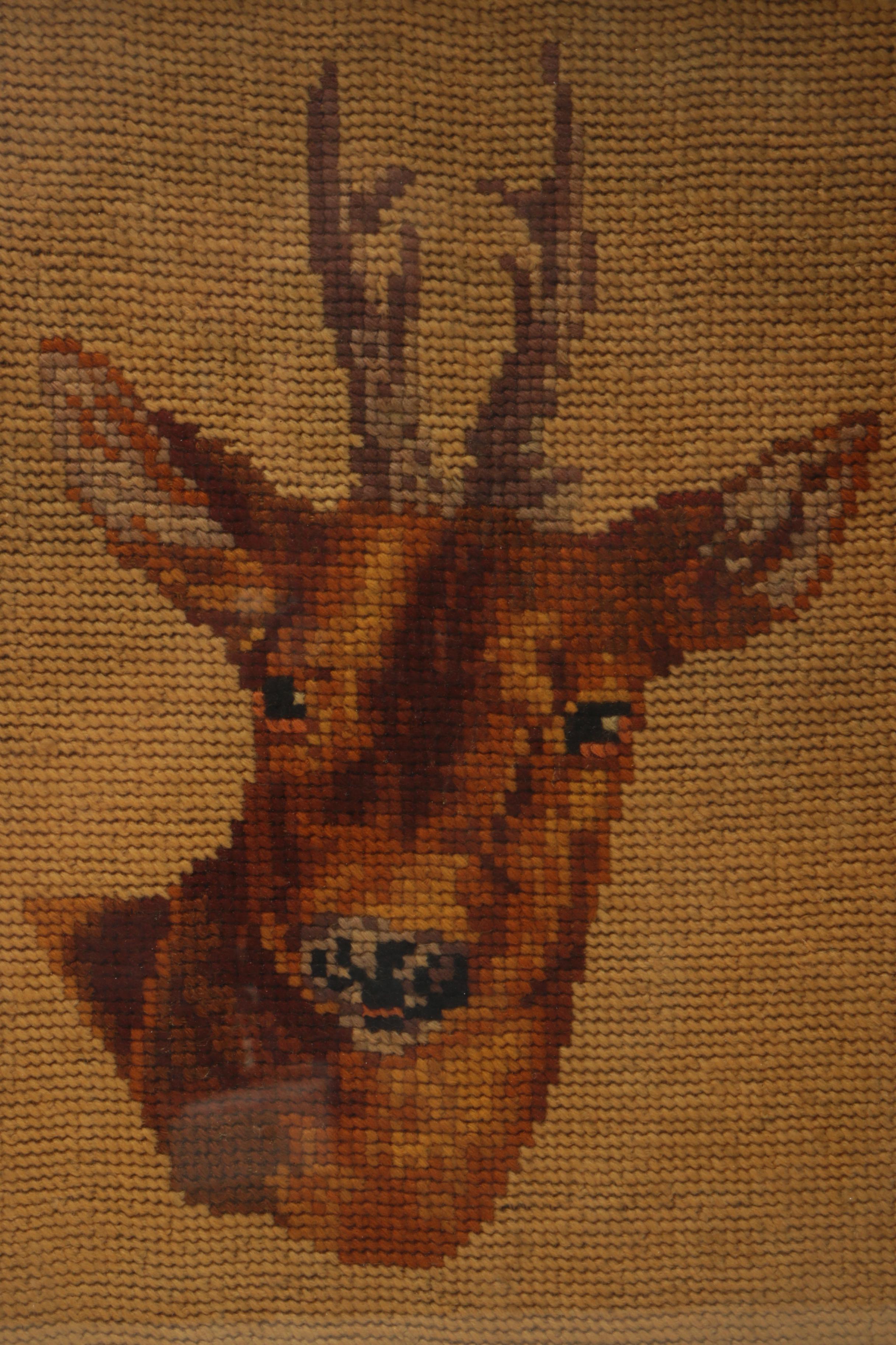 Needlepoint Embroideries of a Deer and a Pig