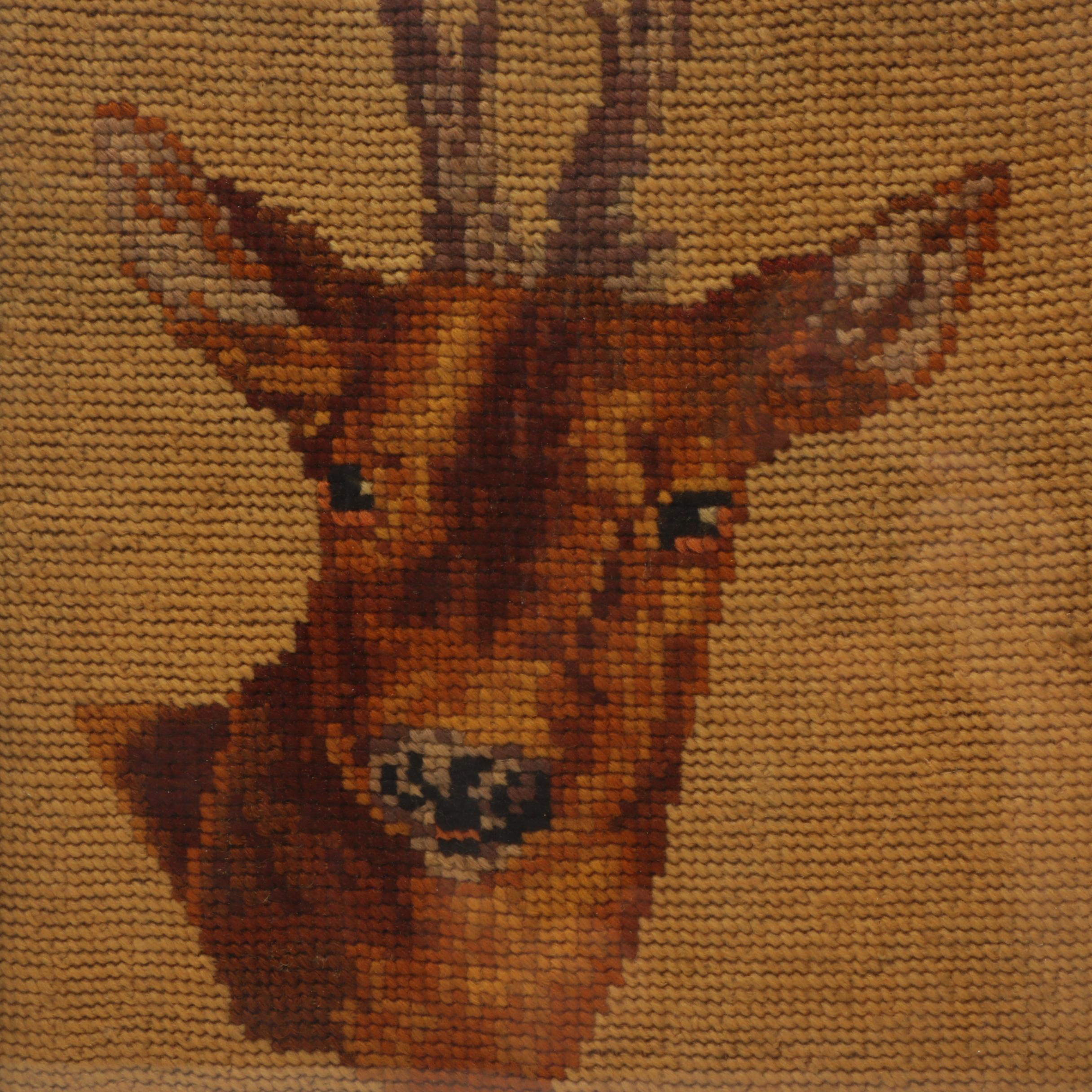 Needlepoint Embroideries of a Deer and a Pig