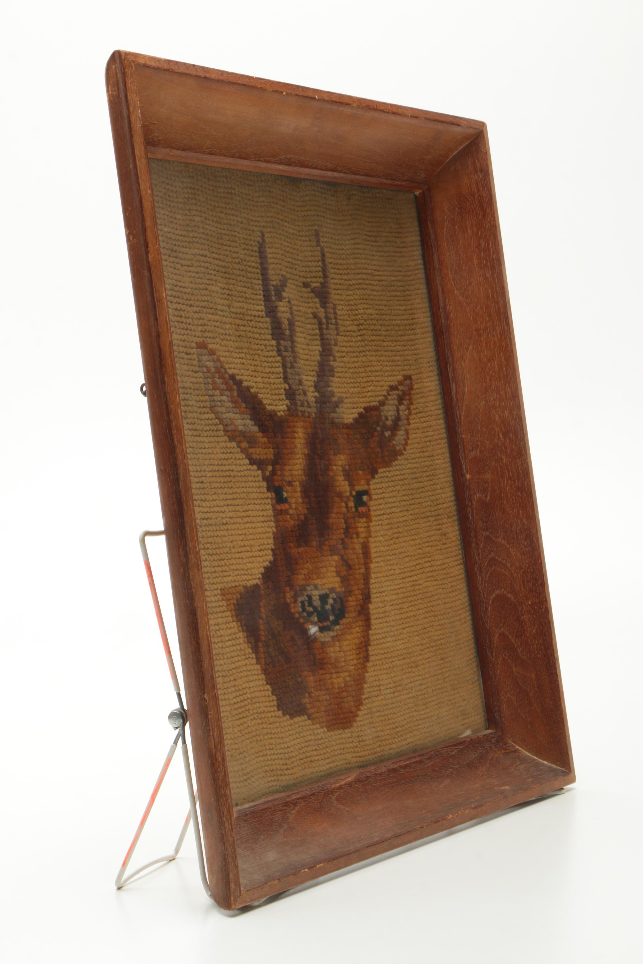 Needlepoint Embroideries of a Deer and a Pig