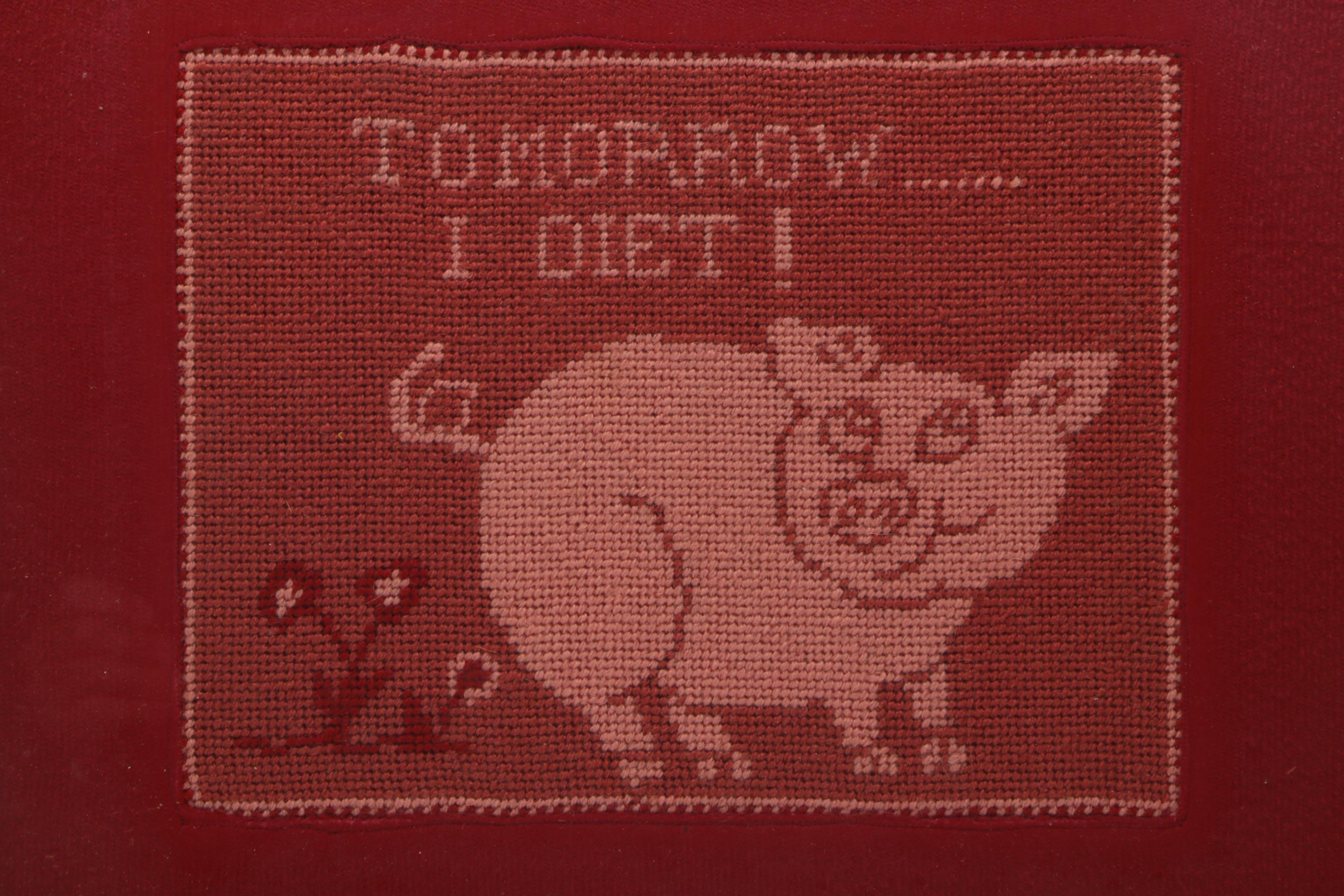 Needlepoint Embroideries of a Deer and a Pig