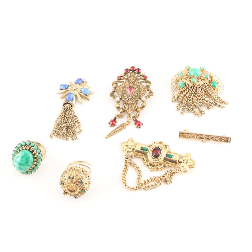 Vintage Gold Toned Brooches, Rings and a Pendant