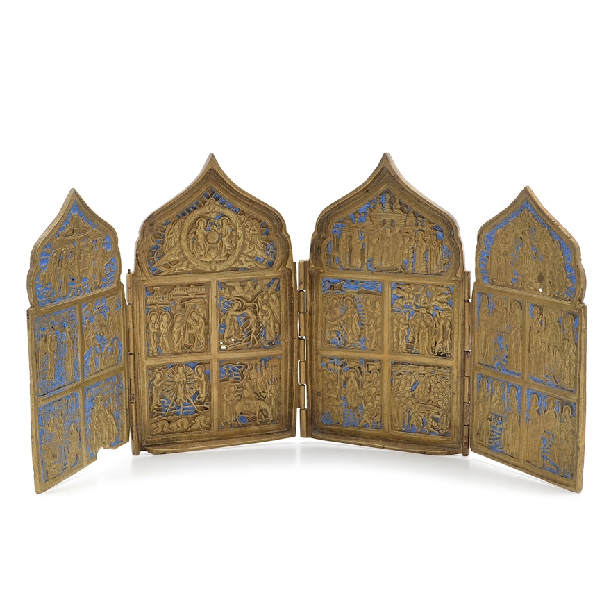 19th Century Russian Four panel Folding Skladen Traveling Icon