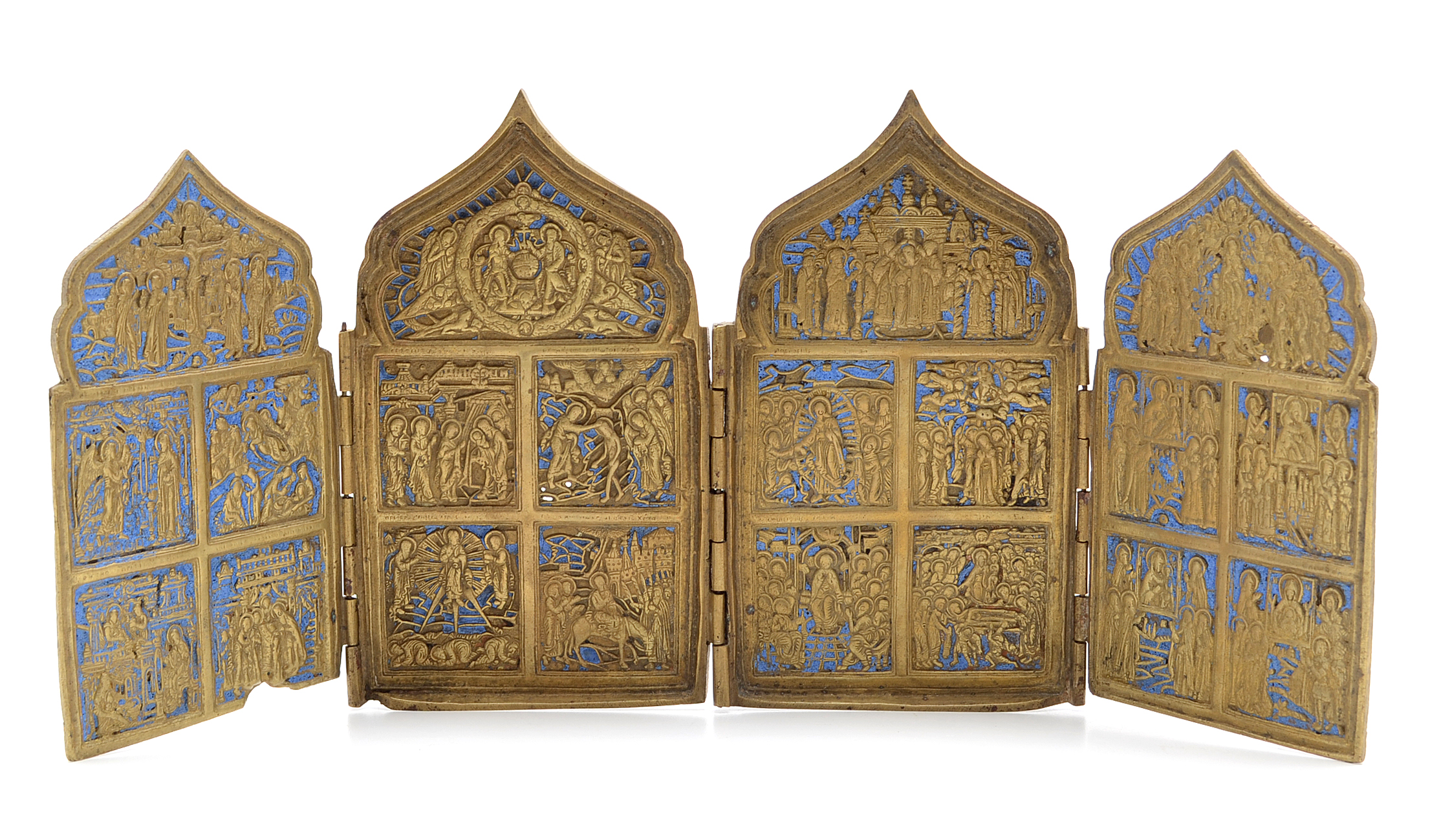 19th Century Russian Four panel Folding Skladen Traveling Icon