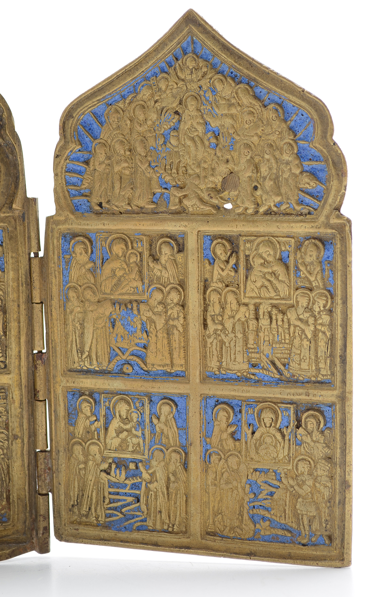 19th Century Russian Four panel Folding Skladen Traveling Icon
