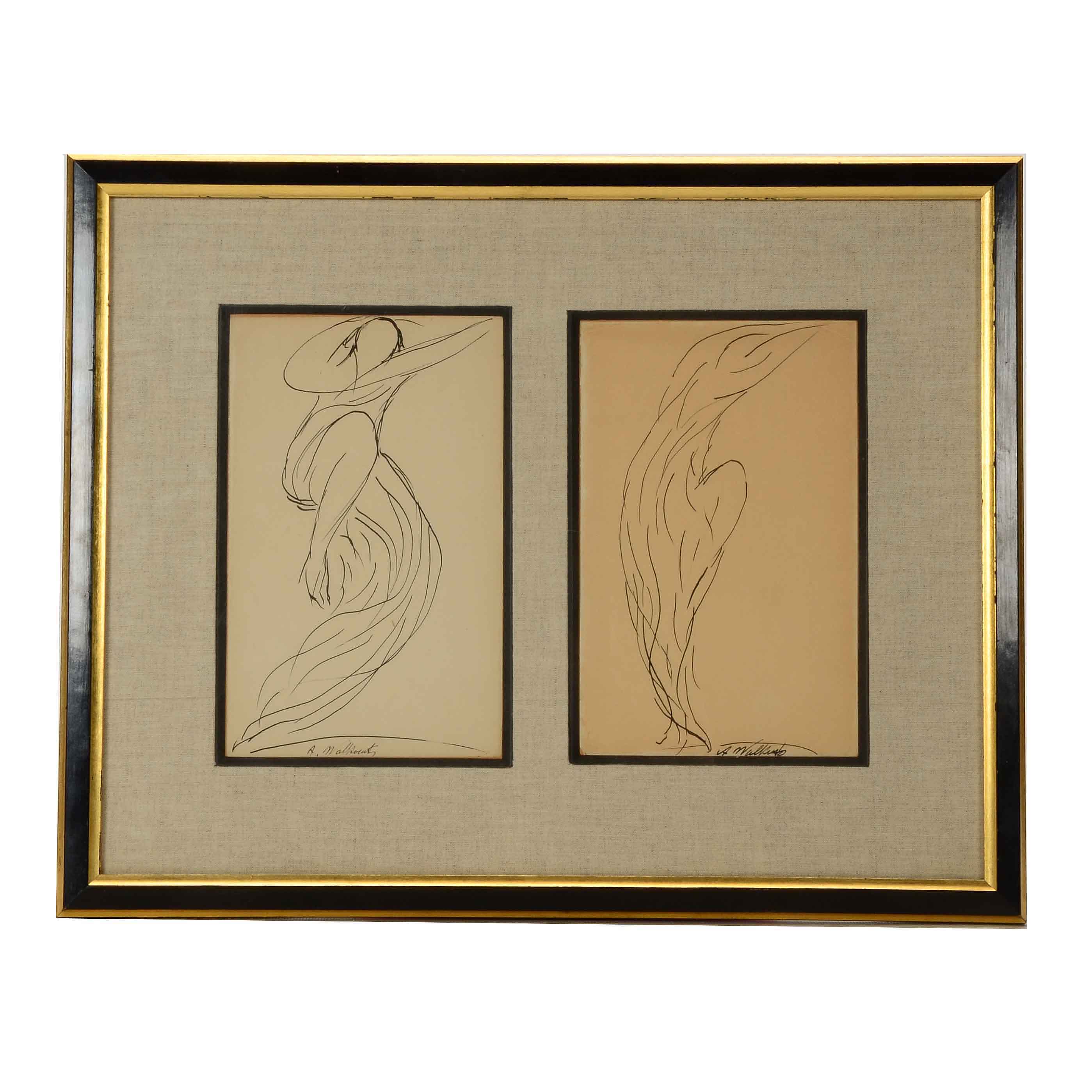 Abrahm Walkowitz Ink Drawing on Paper Diptypch